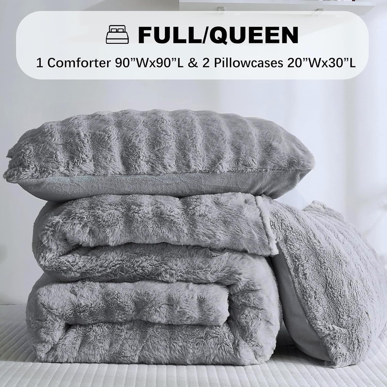 Bedbay Faux Fur Comforter Set King Size Plush Grey Fluffy Comforter Luxury Rabbit Fur Fuzzy Furry Bedding Set 3 Pieces Soft Warm Shaggy Velvet Reversible Quilt Duvet Set for Boys Girls Kids
