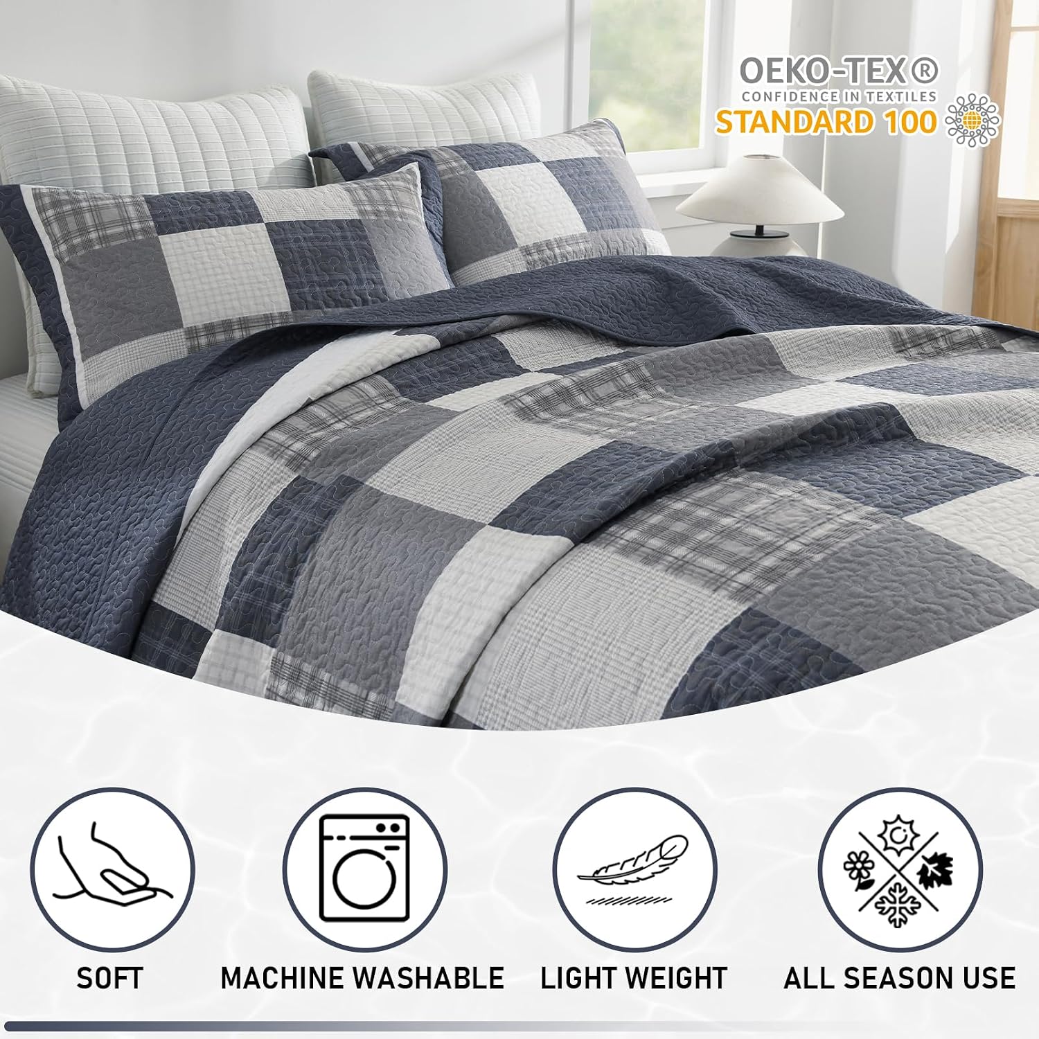 KALOOLA Farmhouse Quilt King Size - 100% Cotton Lightweight Quilted Bedding Set 3 Pcs, Cottage Printed Plaid Bedspread with 2 Pillow Shams, Reversible Bed Coverlet for All Season, Blue/Beige/White
