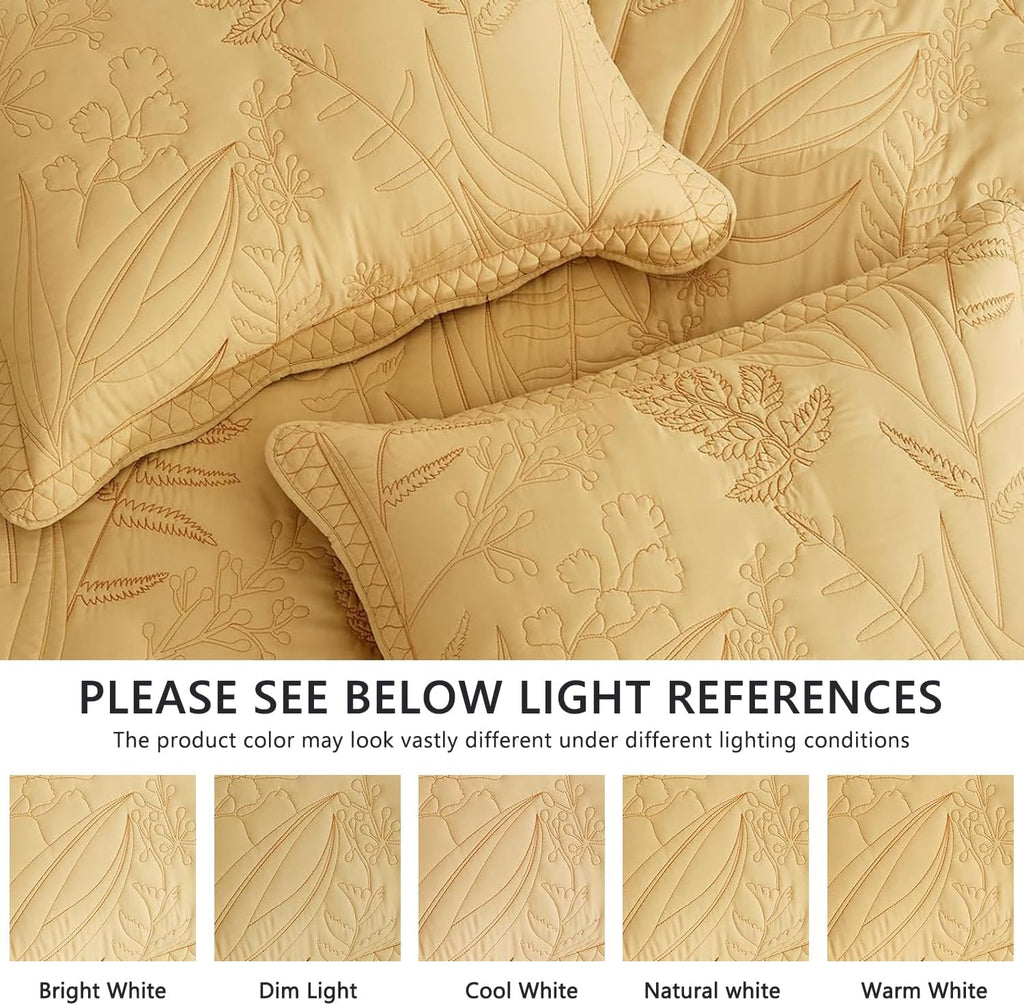 DaisyHuang Botanical Oversized Bedspread King Size - Leaves Pattern Stitching Quilt Set - Elegant & Fresh Style Bedding Coverlets, Reversible, Lightweight, 5 Piece, Honey Gold