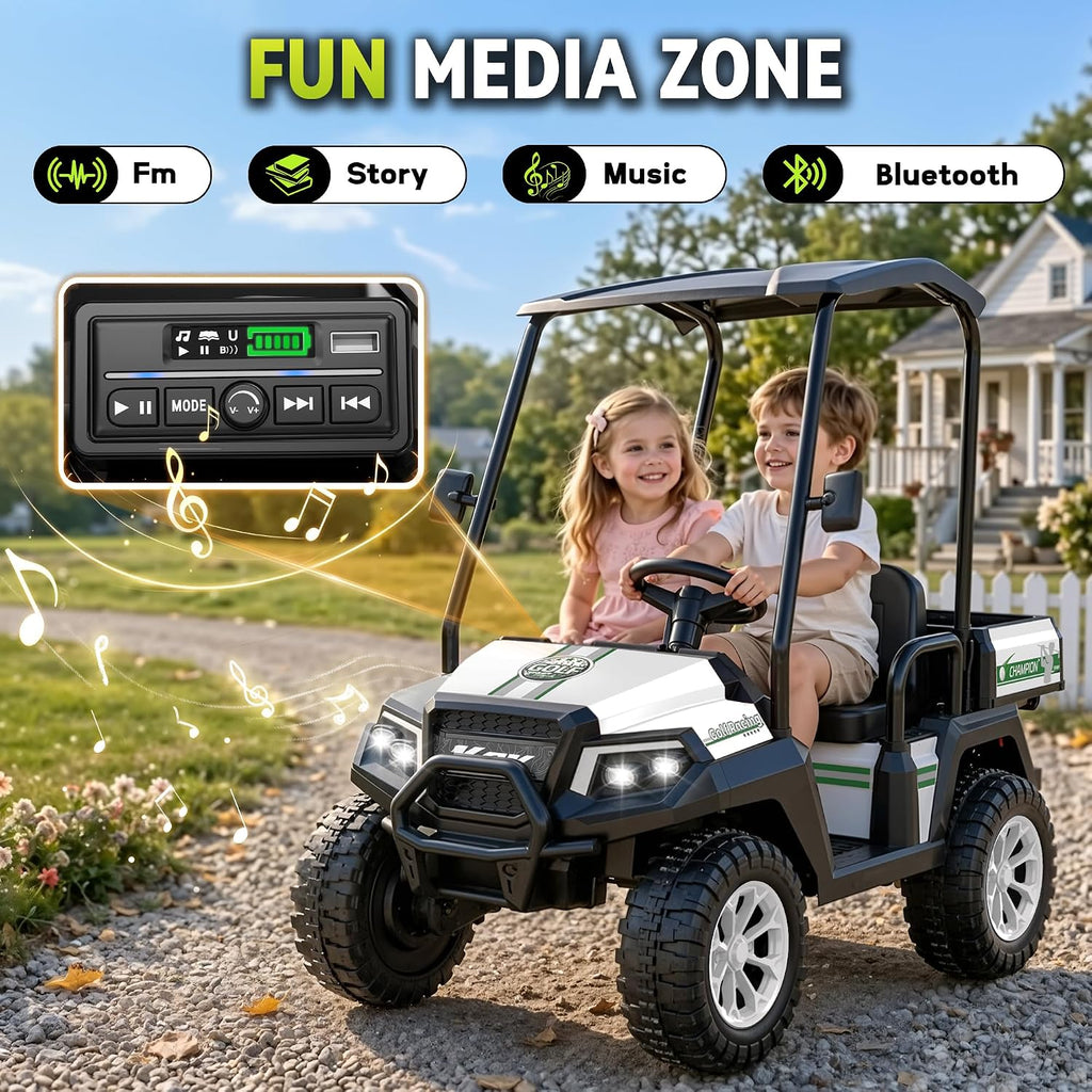 24V Kids Golf Cart w/Detachable Awning–4WD 2 Seater Ride on Car w/Large Storage Trunk, Remote Control, 3 Speeds, Music Player, LED Lights, Ride On Toys, Gift for Kids Ages 3-8(White)