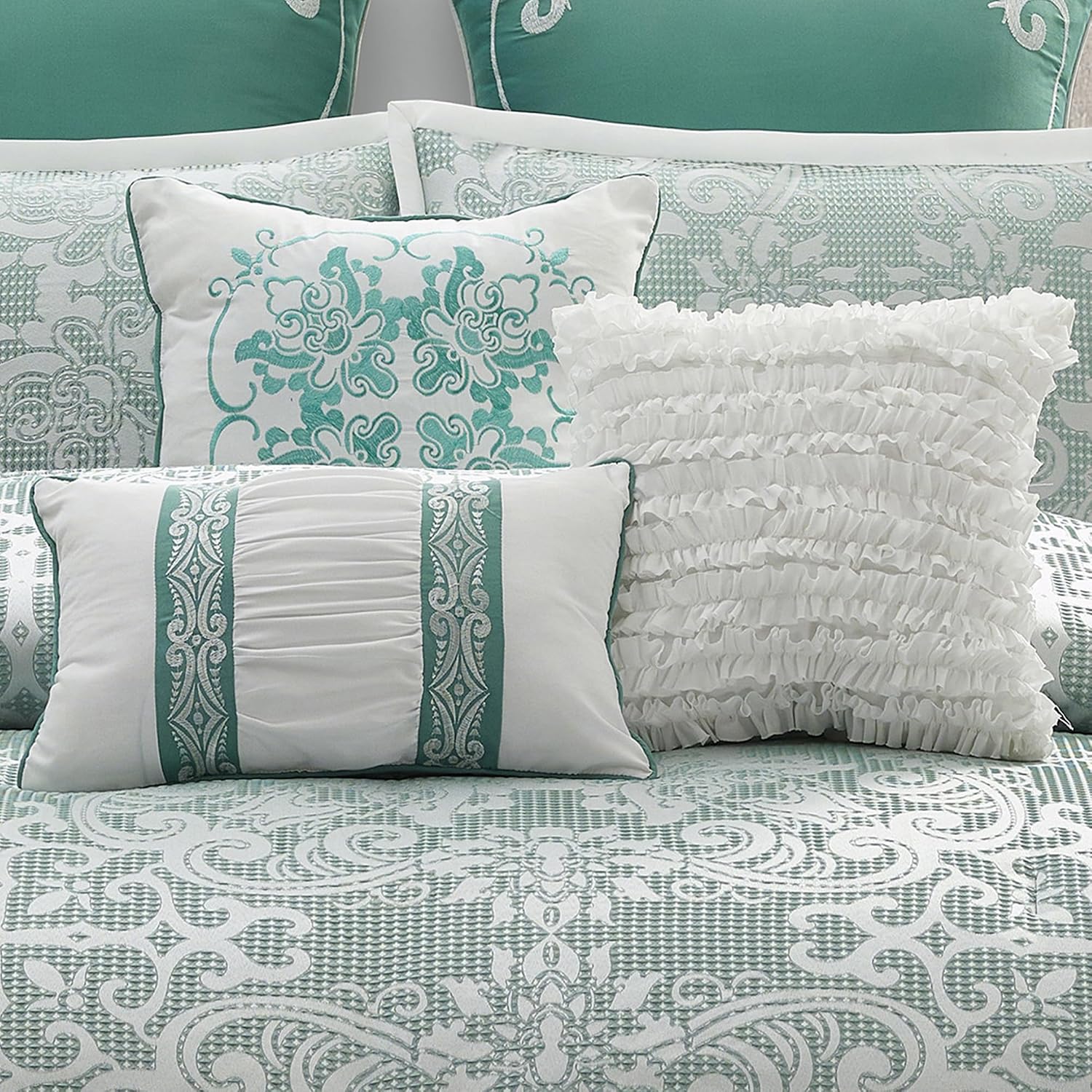 LANCO MODERN LIFESTYLE 9 Piece King Comforter Set, Sage Jacquard Damask, Bed in a Bag, All Seasons Bedding with Shams, Euro Shams, Bed Skirt and Decorative Pillows