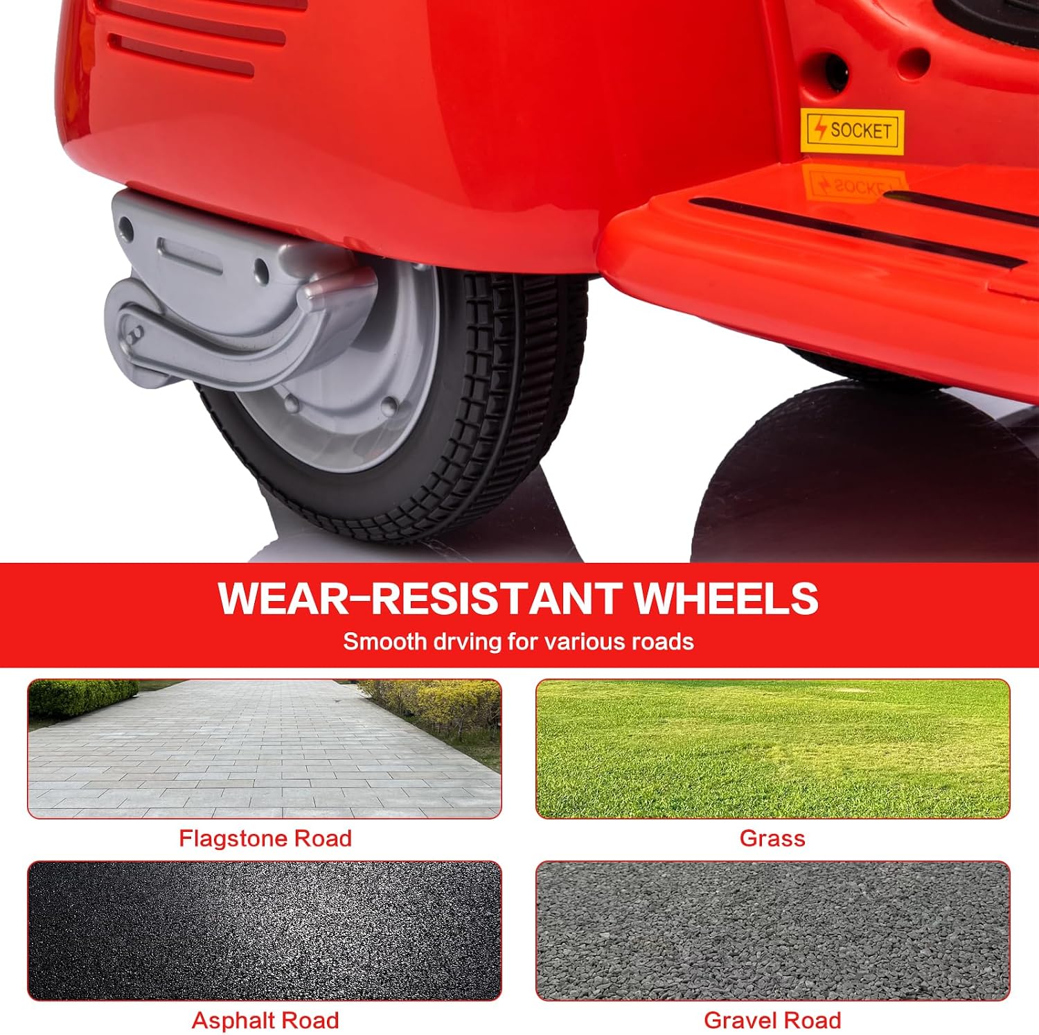 Licensed Vespa Kids Ride On Car with Side Car & Speaker | Motorcycle 2 Seater Three Wheeled Toy Car Rechargeable with Music Player, Volume Button, Lights, USB Plug, Forward, Backward, Red