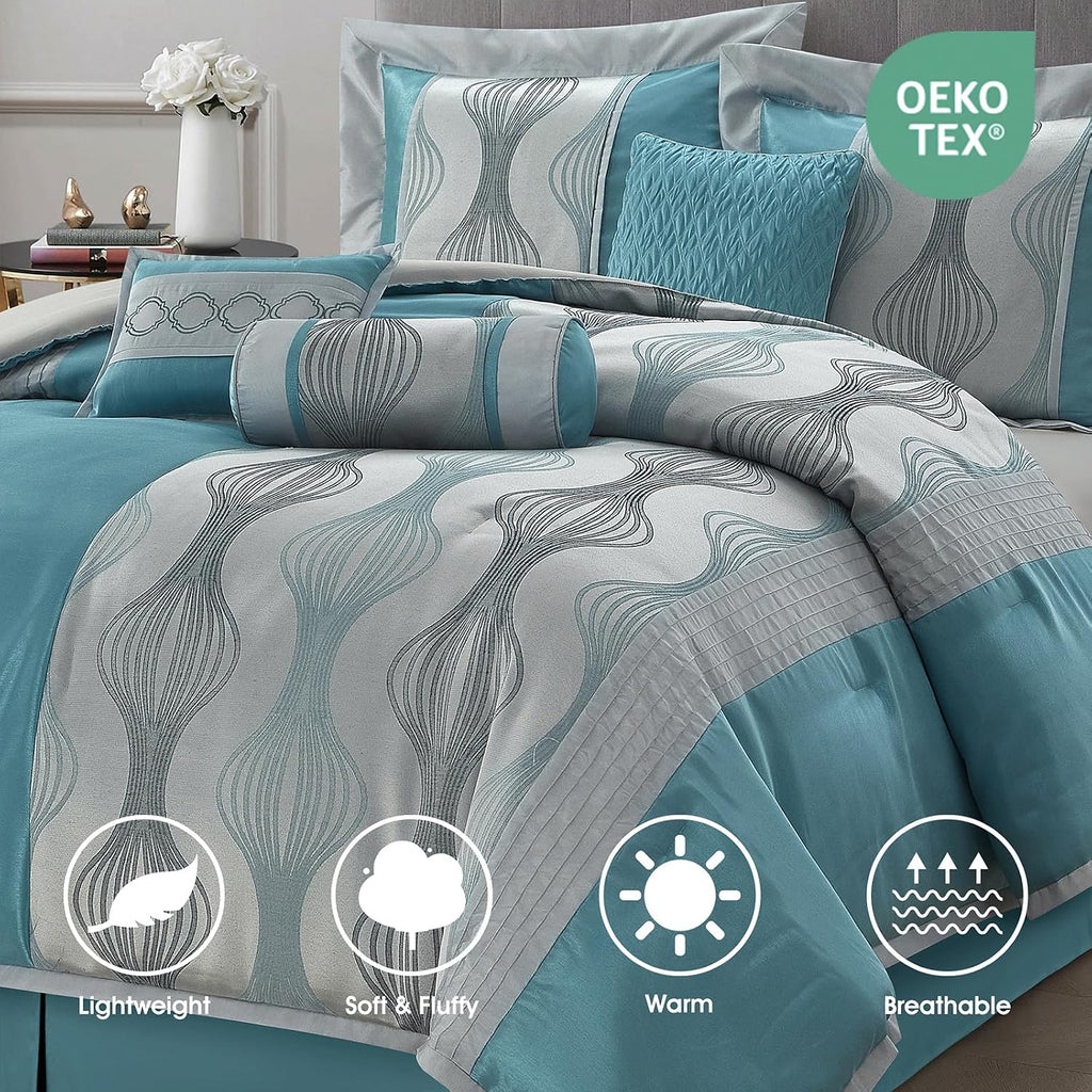 LANCO MODERN LIFESTYLE California King Comforter Set, Blue, 7 Pieces in a Bag, Ultra Soft Jacquard with Solid Piecework, Luxury Bed Set with Comforters, Bed Skirt, Pillow Shams and Decorative Pillows