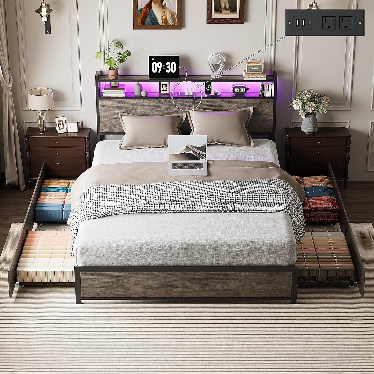 VINGLI Full Bed Frame with 4 Storage Drawers and Adjustable Headboard, Metal Double Platform Bed with Charging Station and LED Lights, No Box Spring Needed, Noise Free, Easy Assembly, Wash Grey