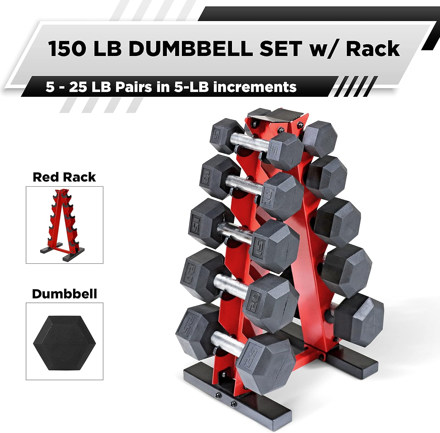 WF Athletic Supply 5-25Lb Rubber Coated Hex Dumbbell Set with A Frame Storage Rack Non-Slip Hex Shape for Muscle Toning, Strength Building & Weight Loss - Multiple Choices Available