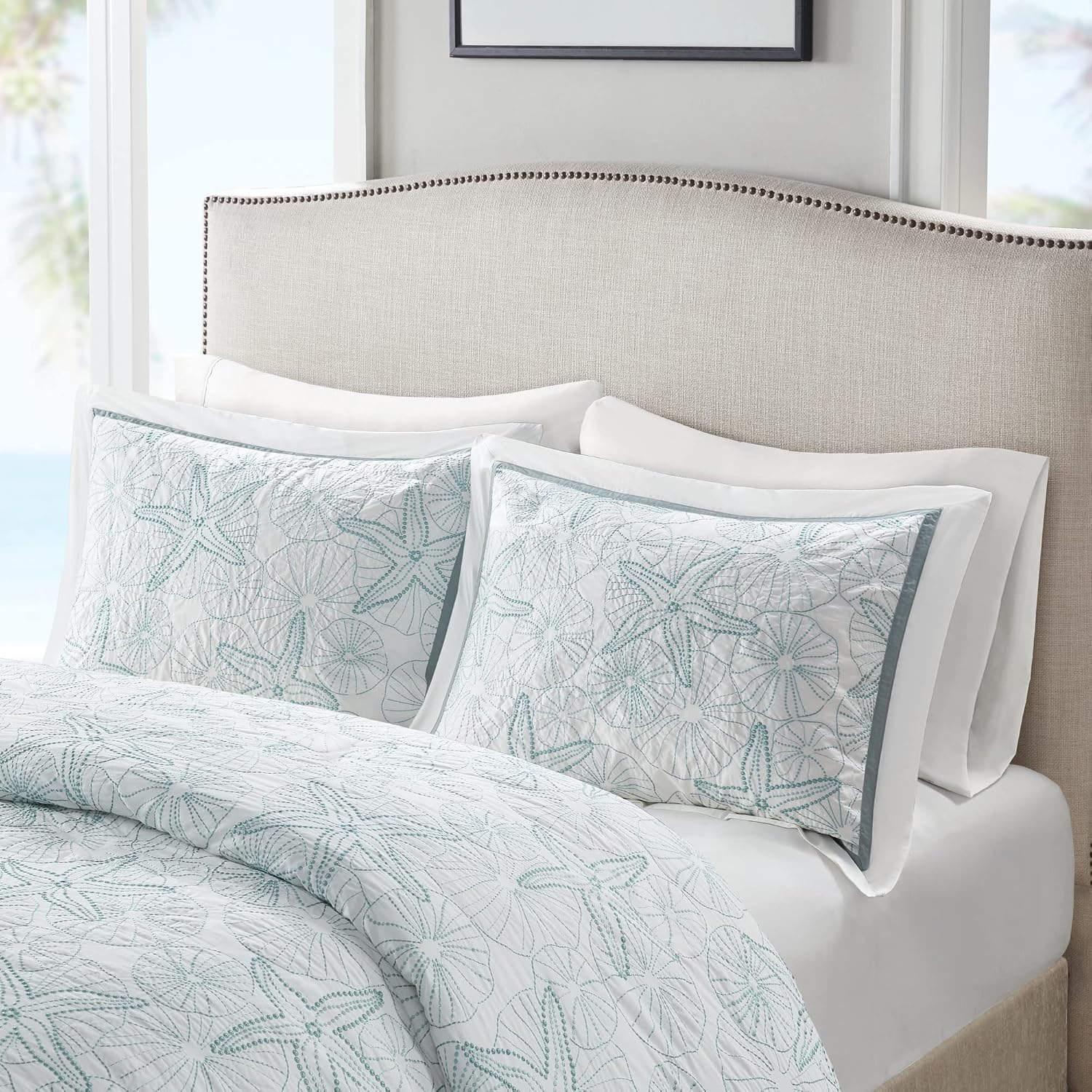 Harbor House 100% Cotton Duvet Cover, Embroidered Coastal Seashells, Starfish Duvet Cover Set – Light Weight Bed Comforter Covers, Maya Bay White Blue Full/Queen (90'x90') 3 Piece