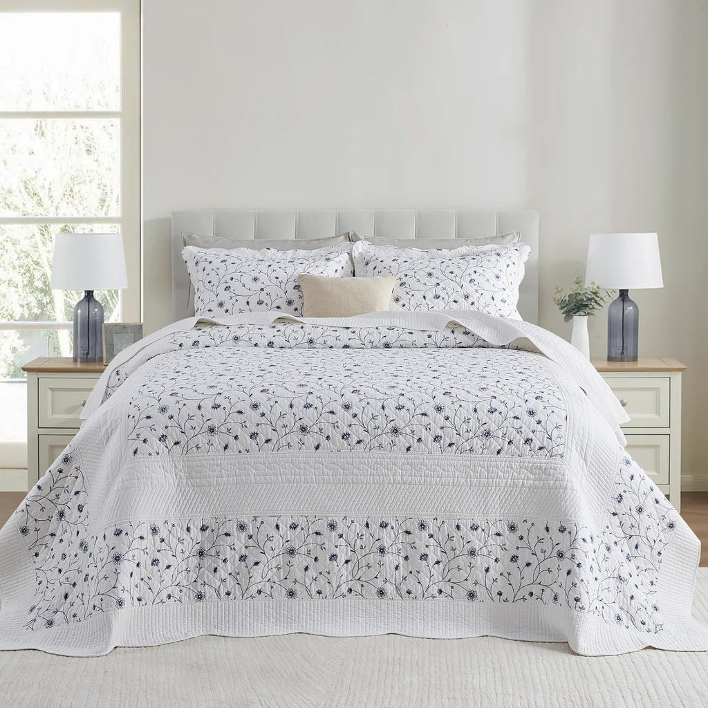 Floral Bedspread 120'x120' Oversized King Bedspread, 100% Cotton California King Quilt with 2 Pillow Shams, Lightweight Vintage Quilted Bedspreads Coverlet Sets, White/Blue, 3 Pcs