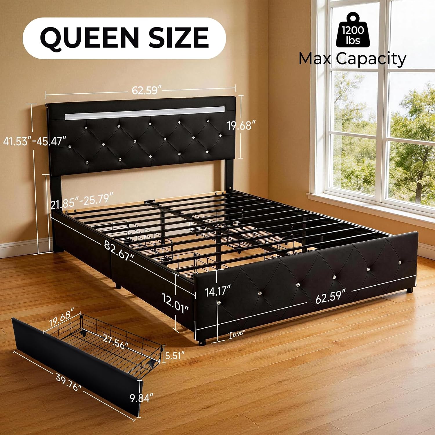 Queen Size Bed Frame, Storage Bed with 4 Drawers and Adjustable Headboard, Upholstered Platform Bed with Handy Charging Station and LED Light, Noise Free, Easy Assembly, No Box Spring Needed, Black