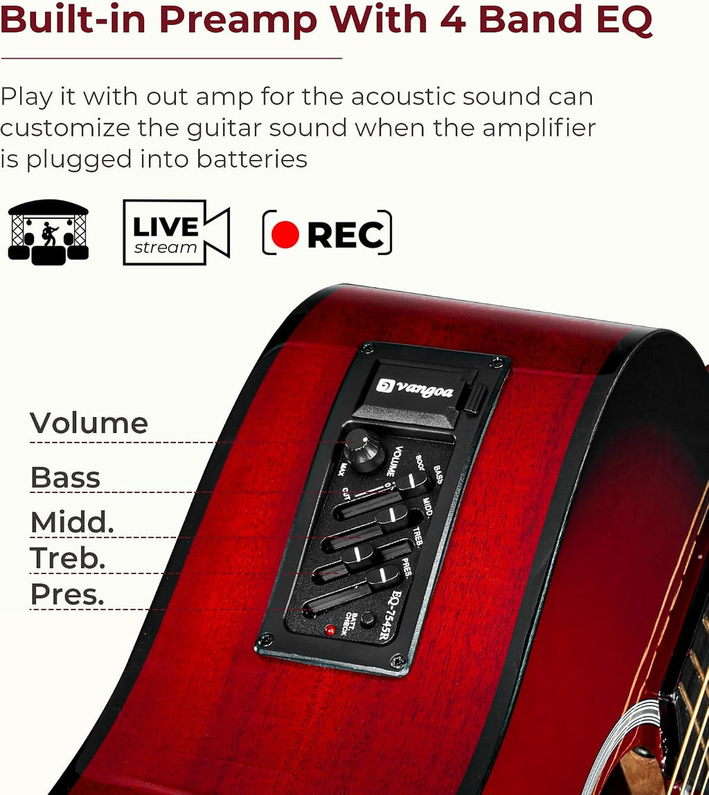 Vangoa Electric Acoustic Guitar Kit for Beginners Adults 41 inch Full Size Cutaway Electric Acoustic Guitar Bundle Set with Built-in Pickups Bag Tuner Strap Capo Picks Cable, Glossy Red