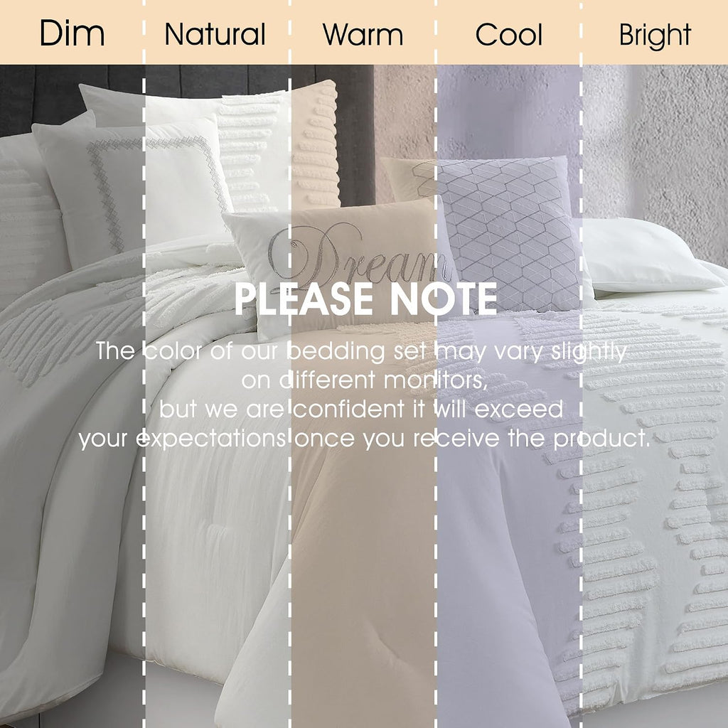 LANCO MODERN LIFESTYLE White Comforter Set 7 Piece, Queen, Tufted Embroidery Geometric, Ultimate Comfort Bedding Set for All Seasons, Bed in a Bag Included Comforter, Bedskirt, Shams and Decor Pillows