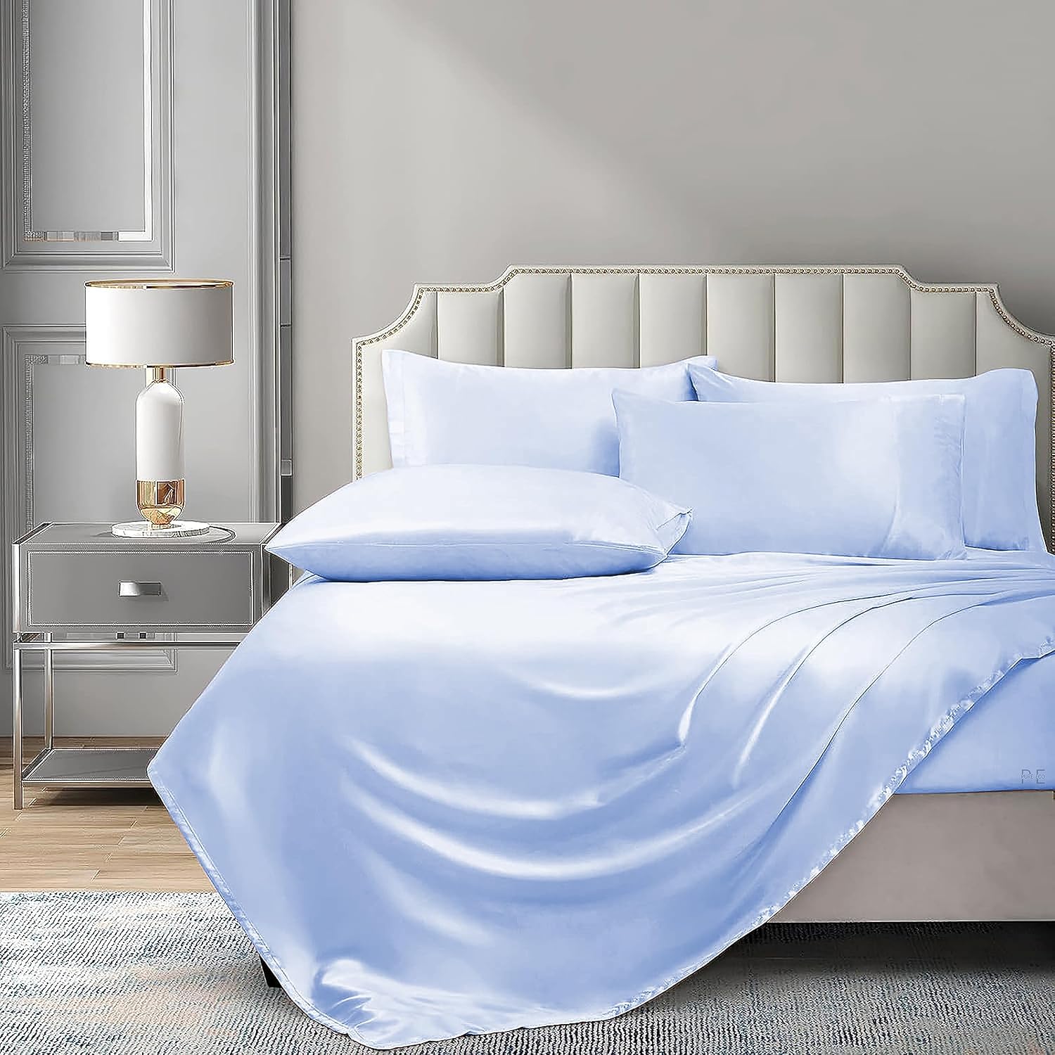 6 Piece Mulberry Silk Sheet Set Queen Size (60x80)+ Upto 16 Inch Deep Pocket Light Blue Color Smooth Soft and Silk Bed Sheets Queen Size Bedding Set