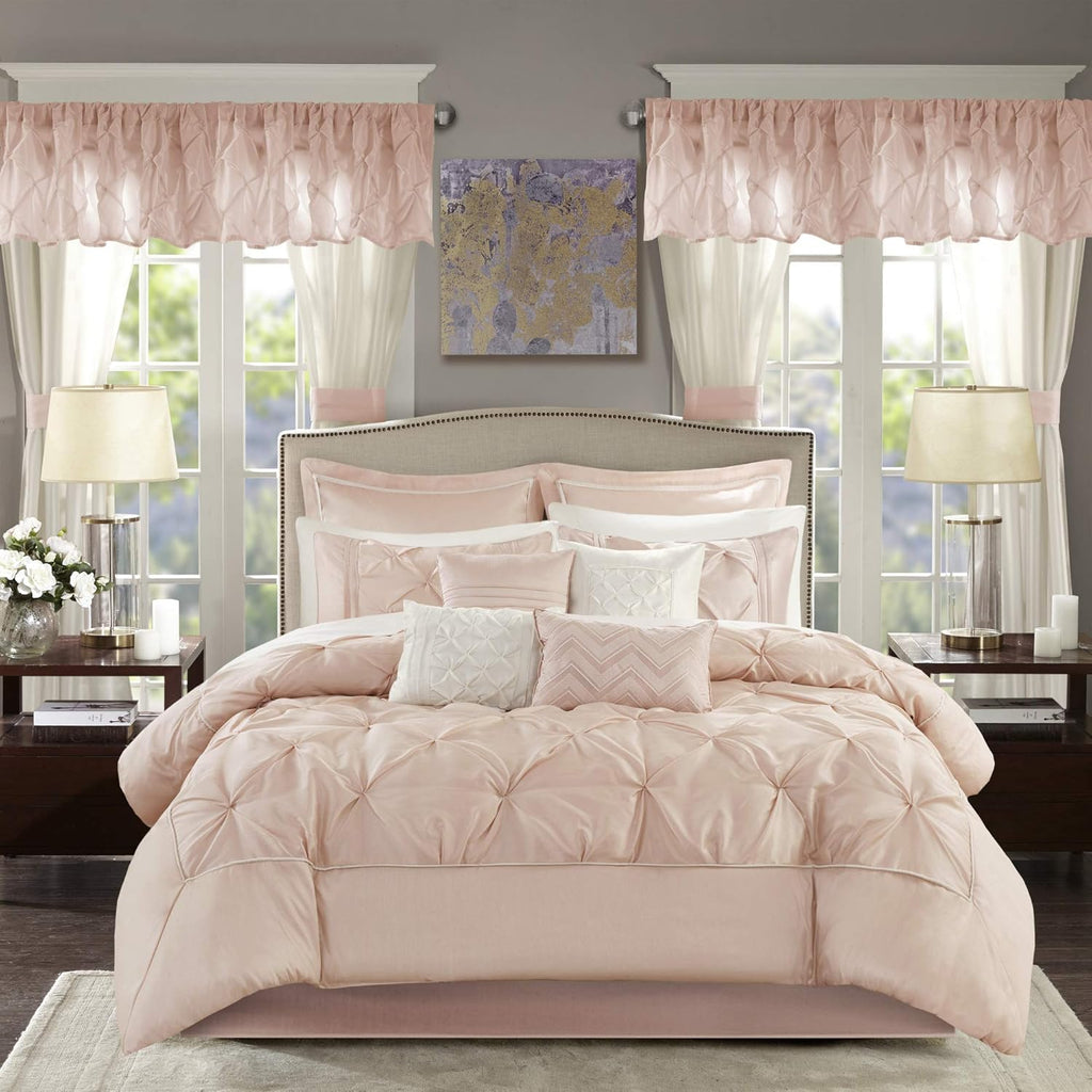 Madison Park Essentials Room in a Bag Faux Silk Comforter Set-Luxe Diamond Tufting All Season Bedding, Matching Curtains, Decorative Pillows, Cal King(104'x92'), Blush 24 Piece (MPE10-811)