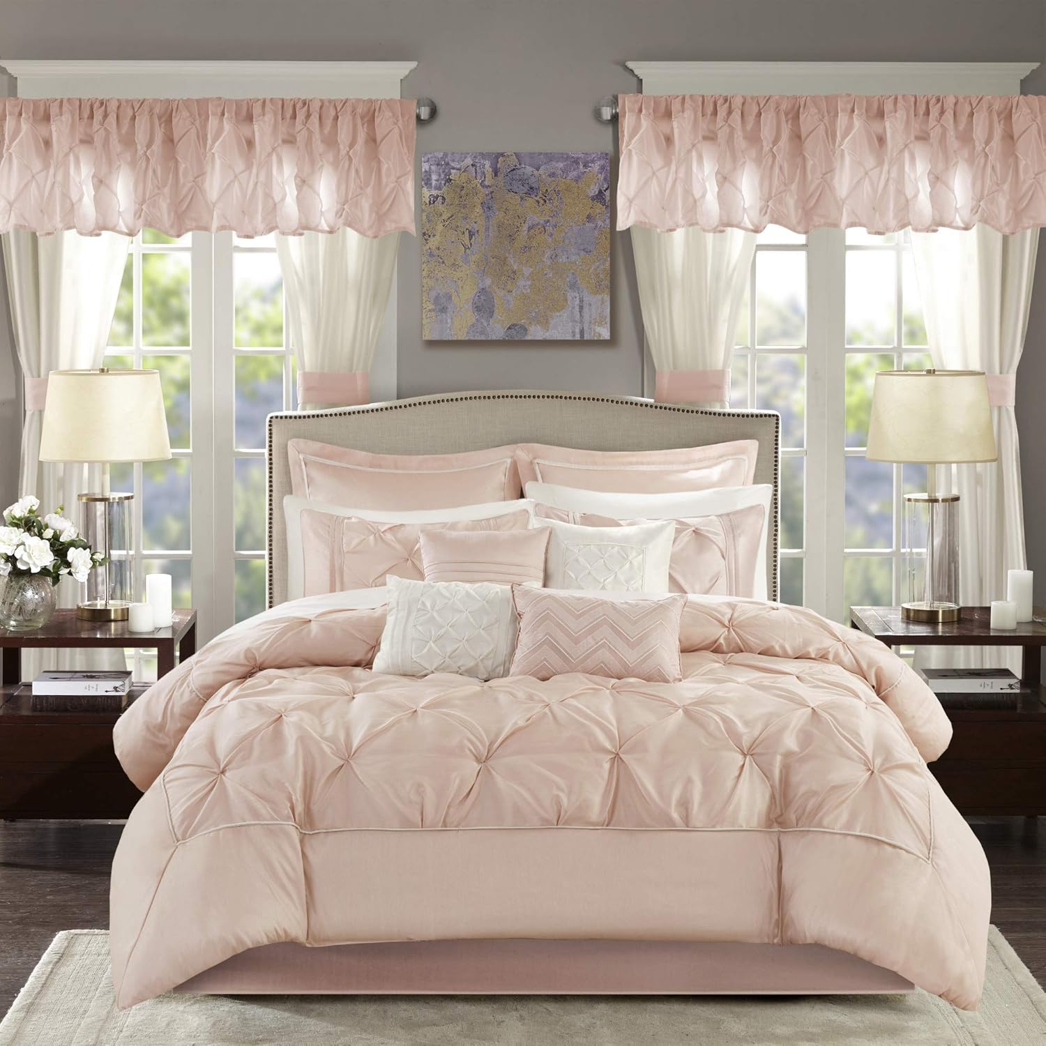 Madison Park Essentials Room in a Bag Faux Silk Comforter Set-Luxe Diamond Tufting All Season Bedding, Matching Curtains, Decorative Pillows, Cal King(104'x92'), Blush 24 Piece (MPE10-811)