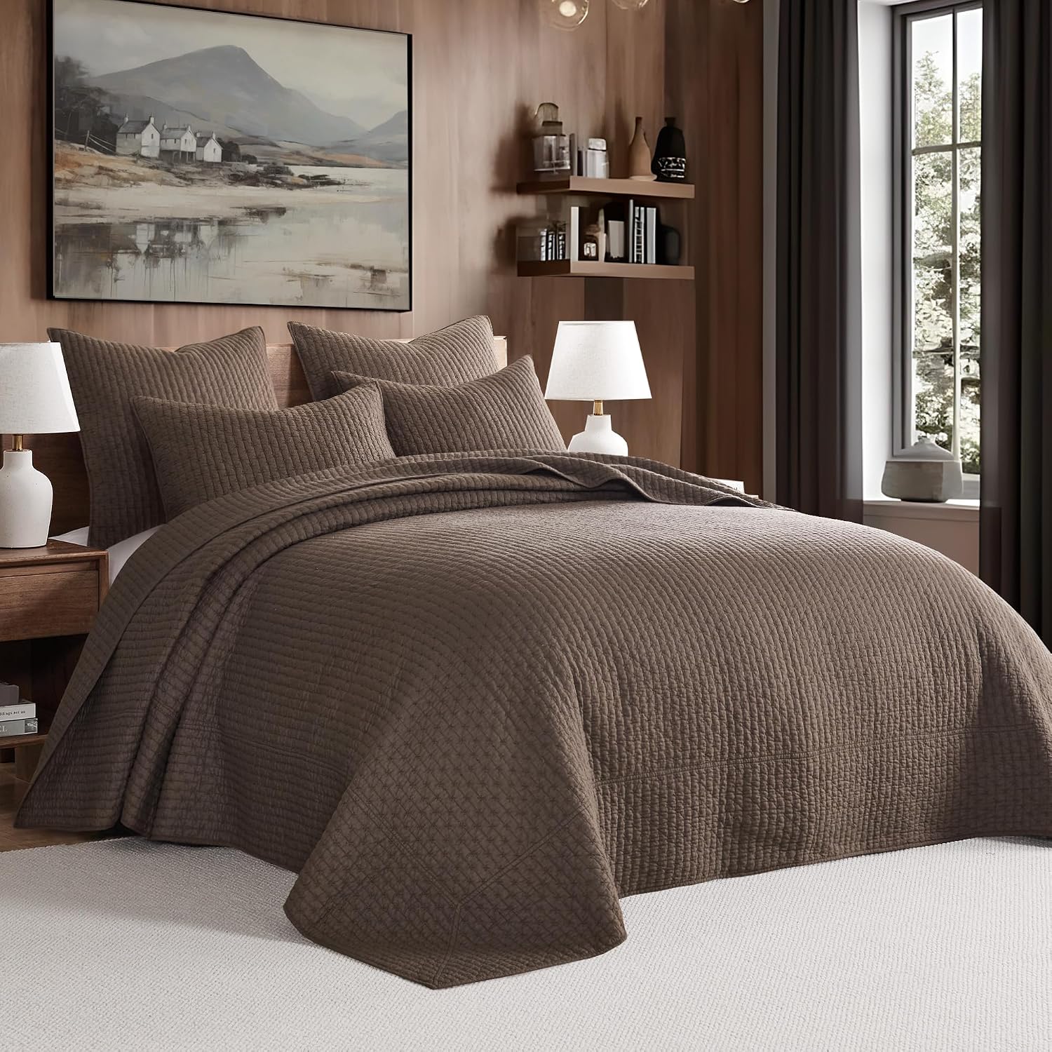 Levtex Home Cross Stitch Reversible King Bedspread Set (120x104in) with 2 Pillow Shams (36x20in) - Stitch Texture - Cocoa - Cotton King Size Bedspread Set - Soft, Pre-Washed