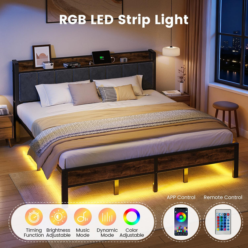 ALBERTO King Size Bed Frame with LED Lights, Upholstered Headboard with Storage and Charging Station, Metal Platform with Slats, No Box Spring Needed, Easy Assembly