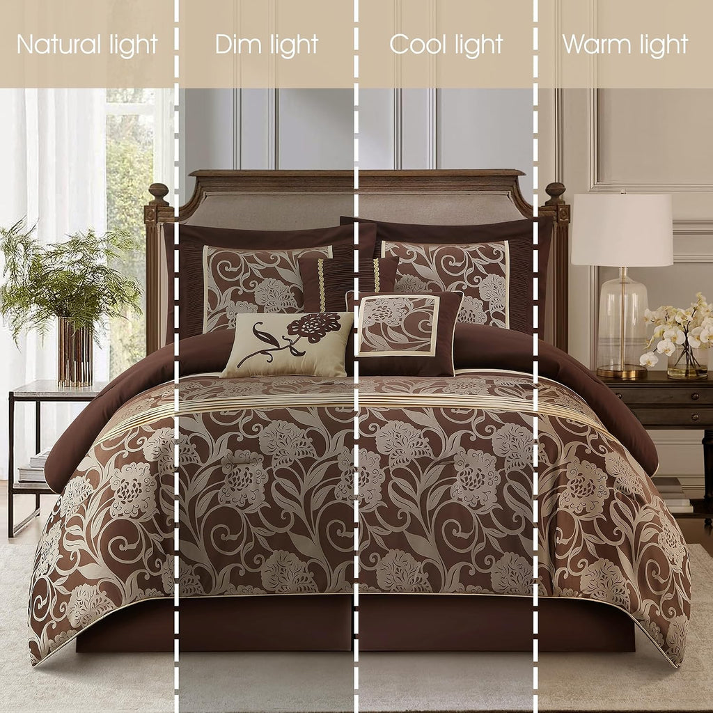 Grand Avenue Brown Gold Comforter Set King Size, 7 Piece Jacquard Floral Bedding Set, All Season, Ultra-Soft, Matching Pillows & Shams, Bed Skirt