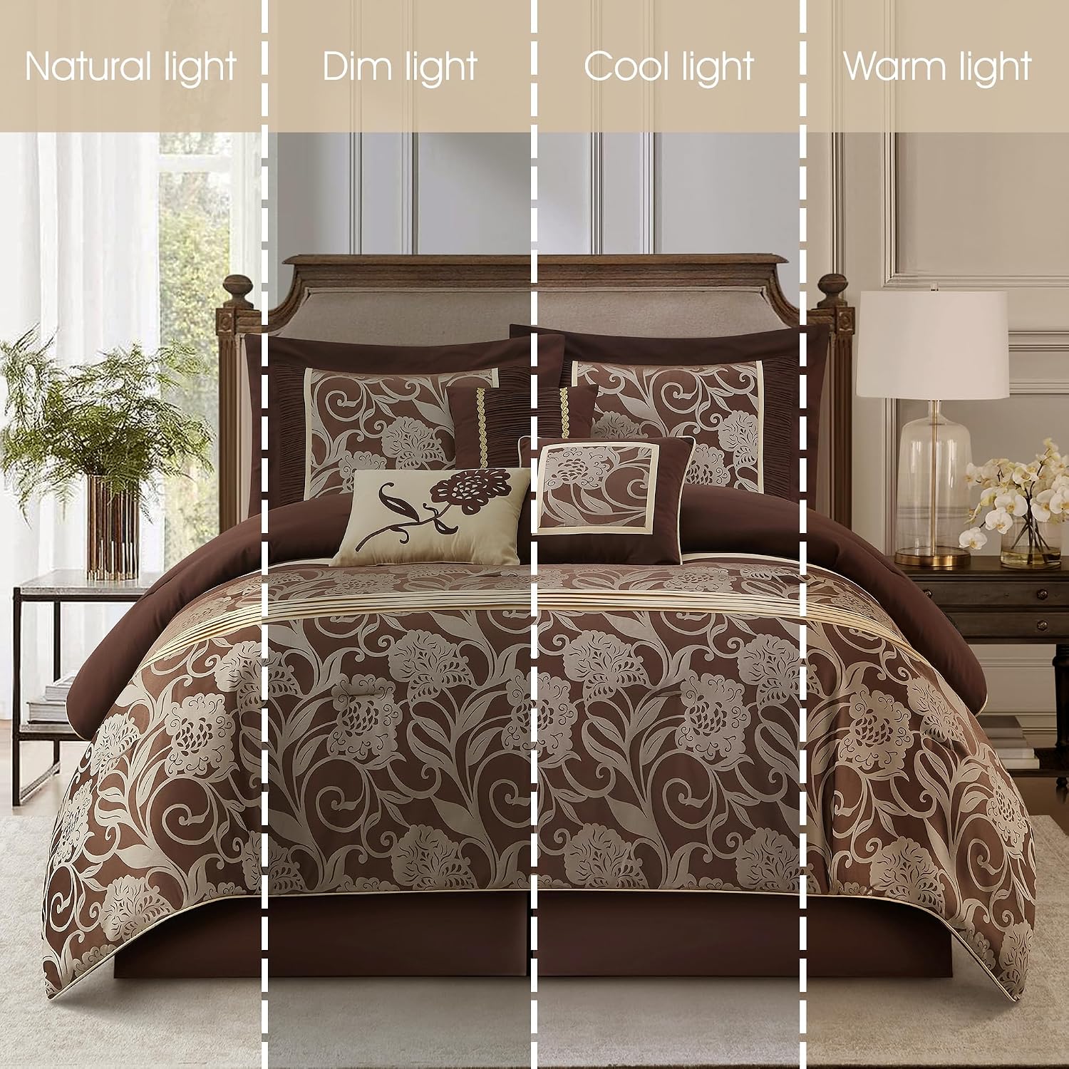 Grand Avenue Brown Gold Comforter Set King Size, 7 Piece Jacquard Floral Bedding Set, All Season, Ultra-Soft, Matching Pillows & Shams, Bed Skirt