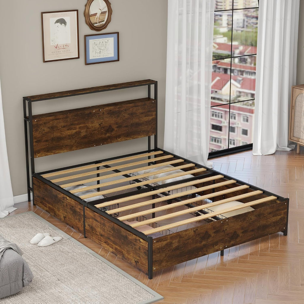 Panana Full/Queen Size Bed Frame with 4 Storage Drawers and Headboard, 2 Tier Shelves Headboard Storage, with Slats, Noise Free, No Box Spring Needed (Vintage Brown, Full)