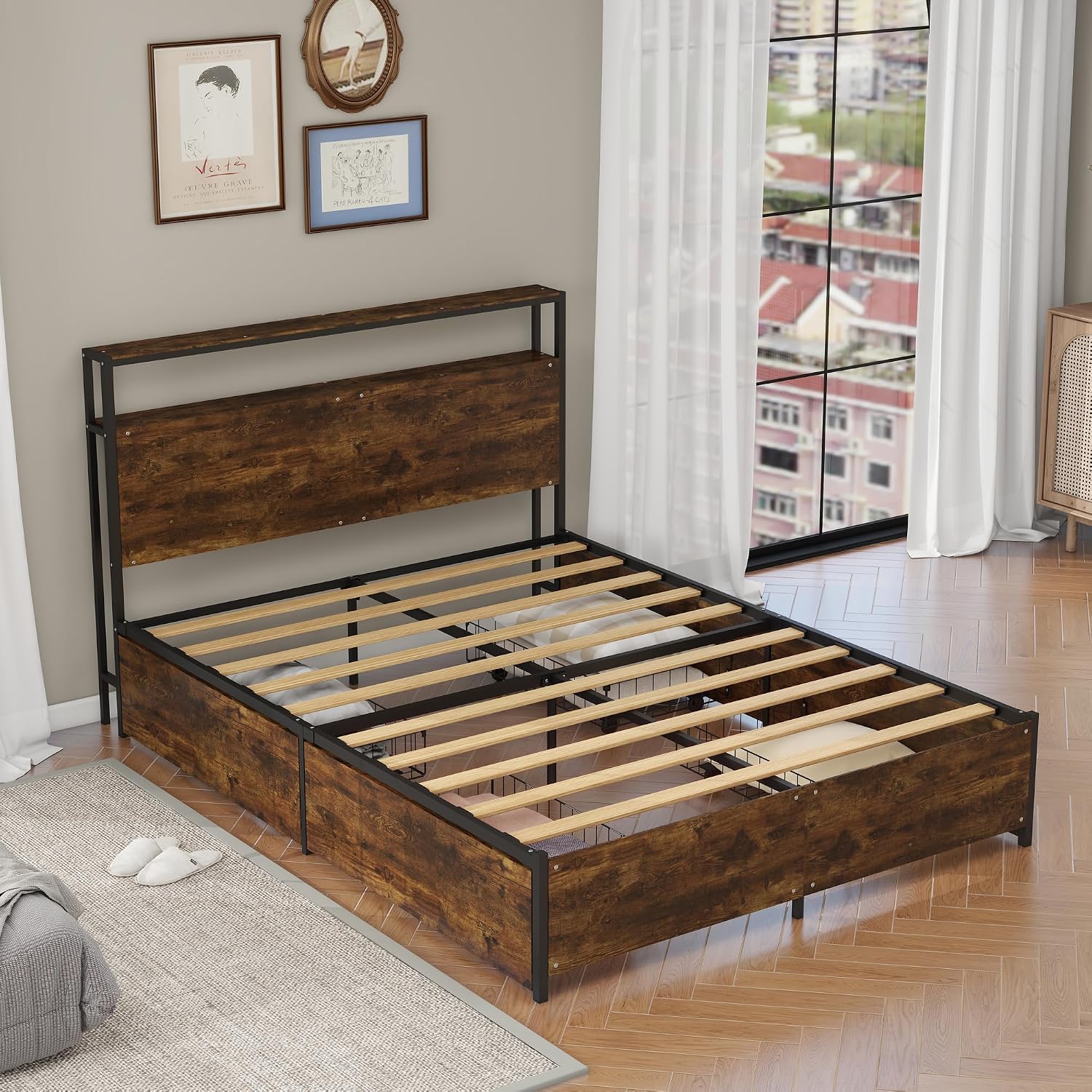 Panana Full/Queen Size Bed Frame with 4 Storage Drawers and Headboard, 2 Tier Shelves Headboard Storage, with Slats, Noise Free, No Box Spring Needed (Vintage Brown, Full)
