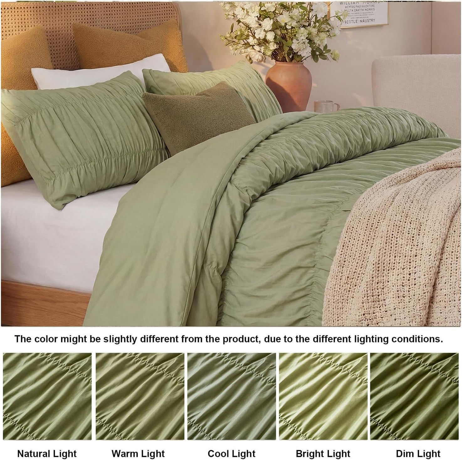 Bedbay Ruched Comforter Set King Size,100% Cotton Boho Bedding Set,Avocado Green Cinched Fluffy Comforter for Bedroom,3 Pcs Vintage Ruffle Bedding Aesthetic Room Decor for All Seasons