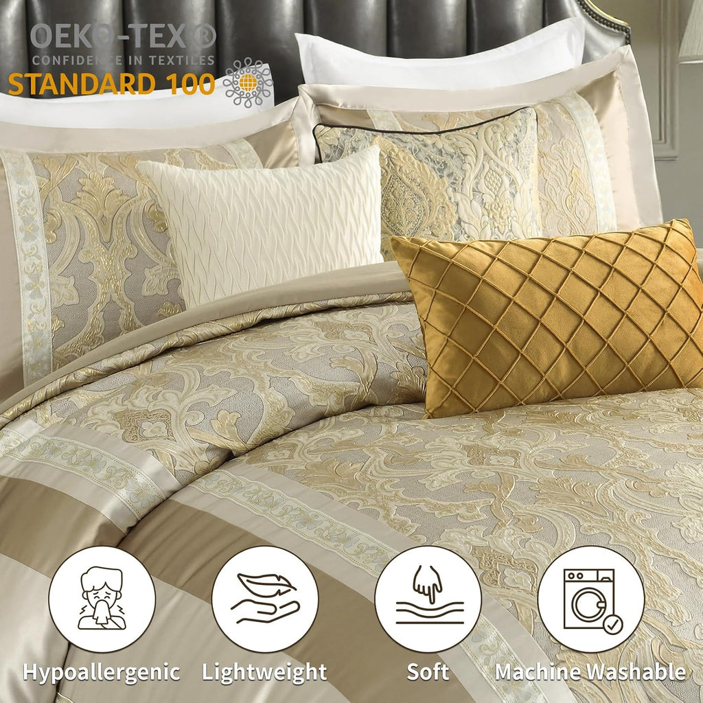 SahSahCasa 7-Piece Luxury California King Comforter Set, Cal King Comforter, Bed in a Bag California King, Jacquard Fluffy Comforter Bedding Set with Bedskirt, Pillows, Down-Alternative, Champagne