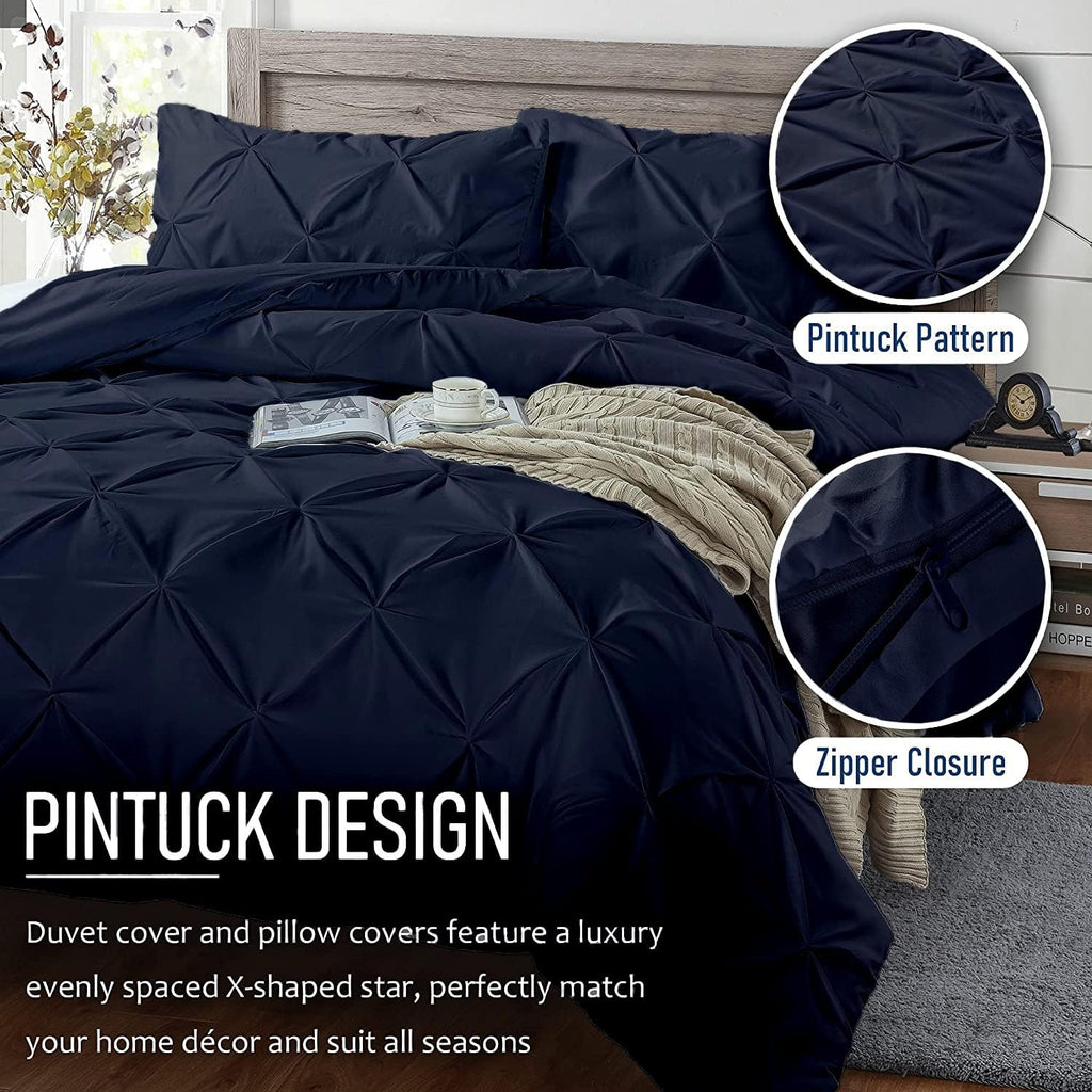 Luxuriate Hotel 1000-TC Hypoallergenic Ultra Soft 100% Egyptian Cotton 98x120' inch Over Size Super King Navy Blue Solid Pinch Plated Duvet Cover With Zipper Colser & 2pcs Pillow Case Set