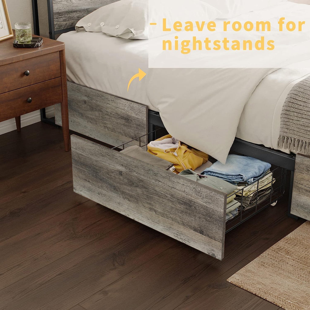HAUSOURCE LED Bed Frame Full Size with Headboard & 4 Storage Drawers Platform Bed Frame with 2 Charging Outlets and 2 USB Ports Strong Metal Slats Support No Box Spring Needed,Greige