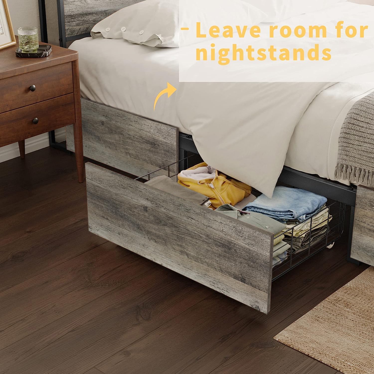 HAUSOURCE LED Bed Frame Full Size with Headboard & 4 Storage Drawers Platform Bed Frame with 2 Charging Outlets and 2 USB Ports Strong Metal Slats Support No Box Spring Needed,Greige