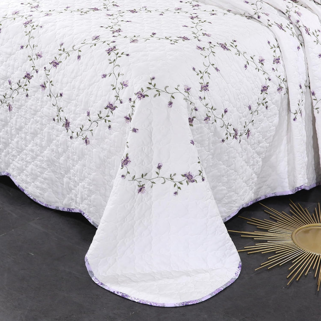 Quilt Set Purple Floral 3D Embroidery Pattern 3 PCS 100% Cotton Reversible Quilted Embroidered Decorative Bedspreads Coverlet Set, Lightweight &Soft Full Size White Bedding Coverlet for All Season