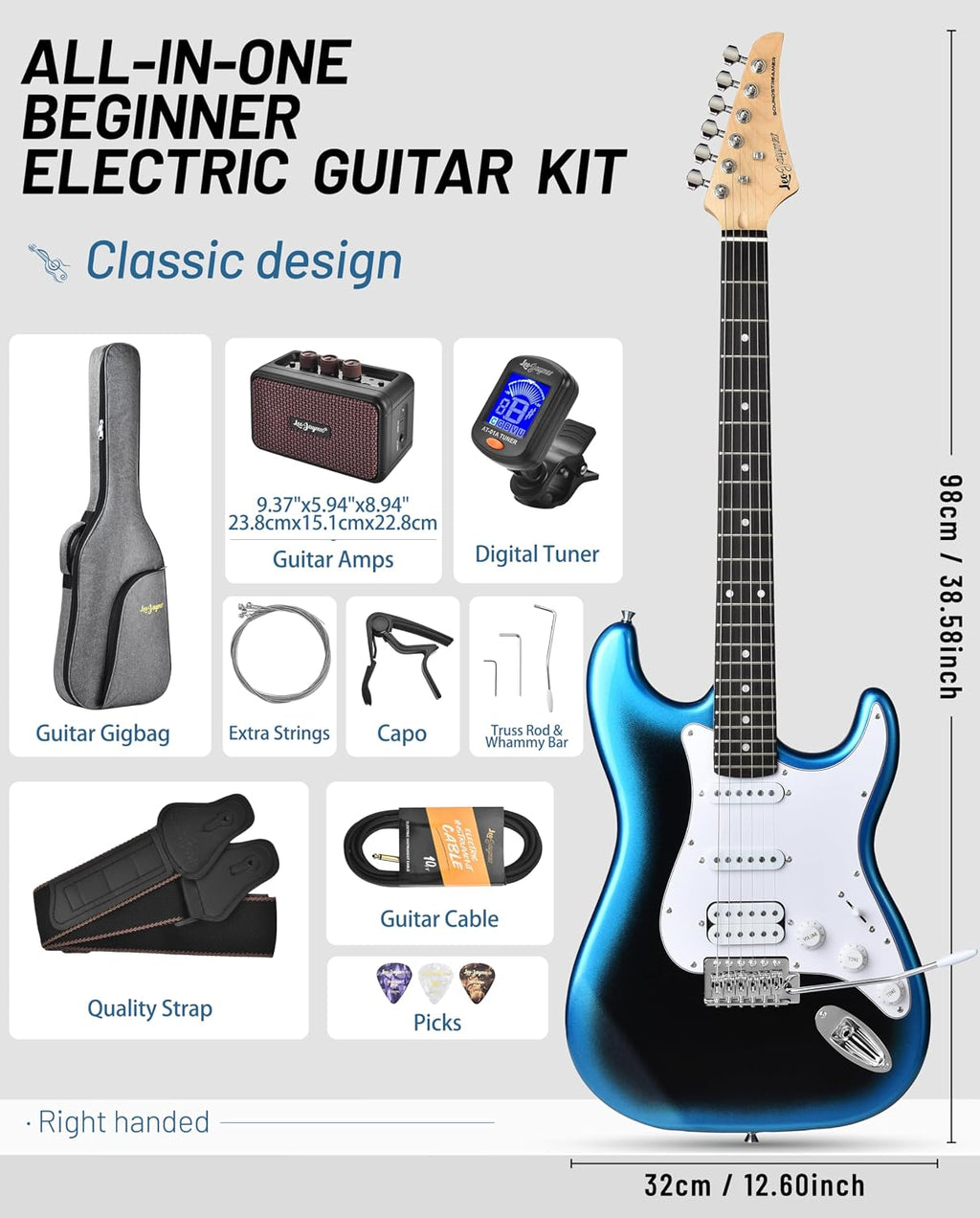 Leo Jaymz Beginner Electric Guitar 39' Kit with Portable Amplifier, Padded Gig Bag, Digital Tuner，Capo，Strap，Picks，HSS Pickups (Blue-Black Fade-HSS)