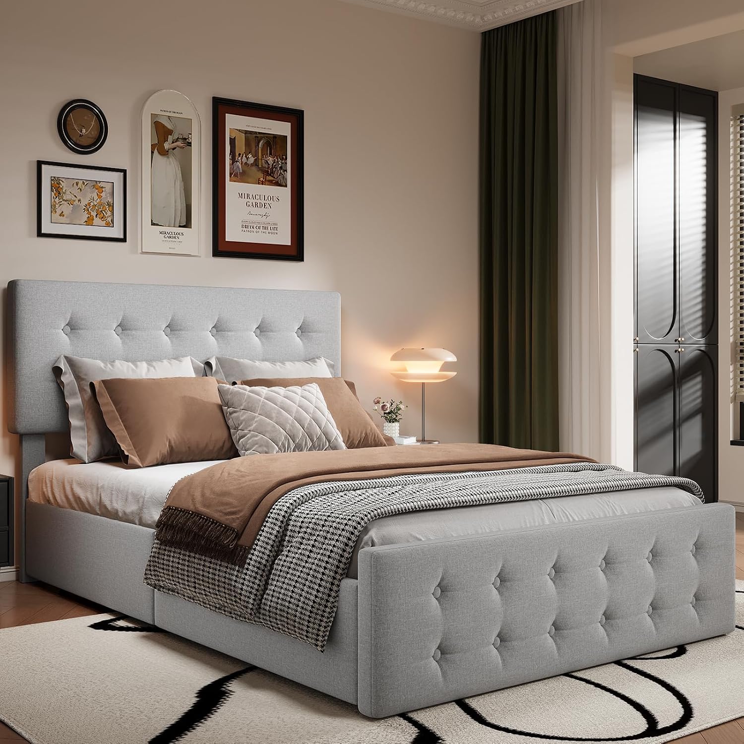 Full Size Platform Bed Frame with 4 Storage Drawers & Headboard, Faux Leather Upholstered, Button Tufted Design, Wooden Slats Support, Noise-Free Mattress Foundation, No Box Spring Needed, Light Grey