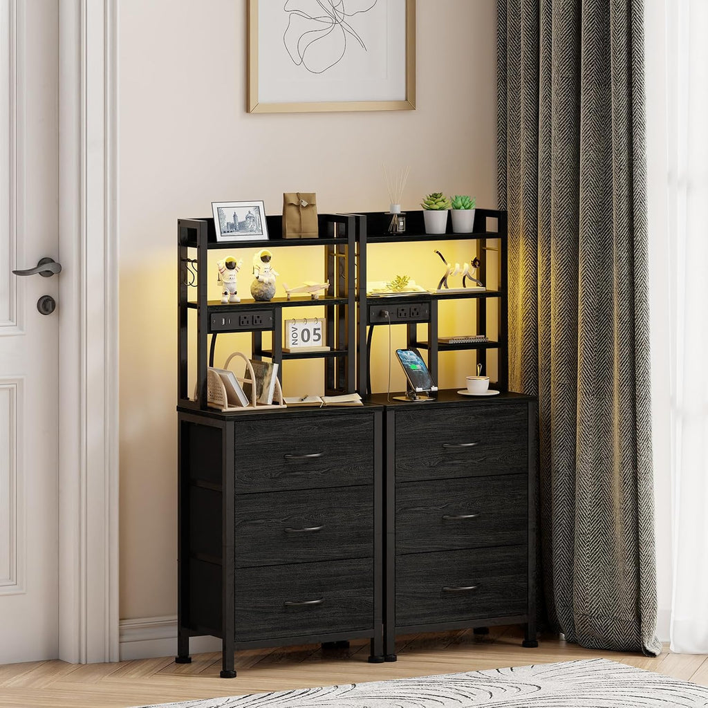 Furnulem Nightstands Set of 2, Tall Night Stand with Charger Station and USB Ports, 3 Fabric Drawers and Led Lights, Bed Side Table for Bedroom/Dorm/Office, Black Oak