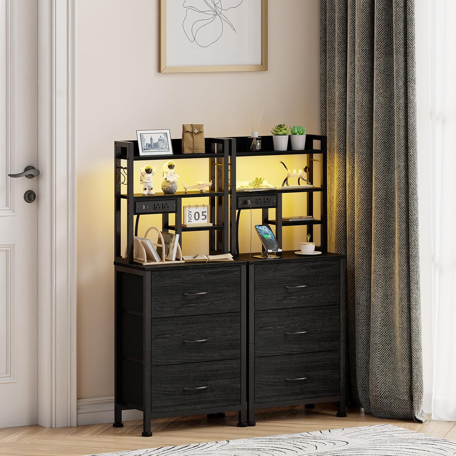 Furnulem Nightstands Set of 2, Tall Night Stand with Charger Station and USB Ports, 3 Fabric Drawers and Led Lights, Bed Side Table for Bedroom/Dorm/Office, Black Oak