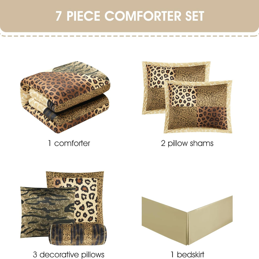 Grand Avenue Leopard Print 7 Pieces Queen Comforter Set, Bed in a Bag, Brown Matching Pillows & Shams, Bed Skirt, Premium Quality, Ultra-Soft