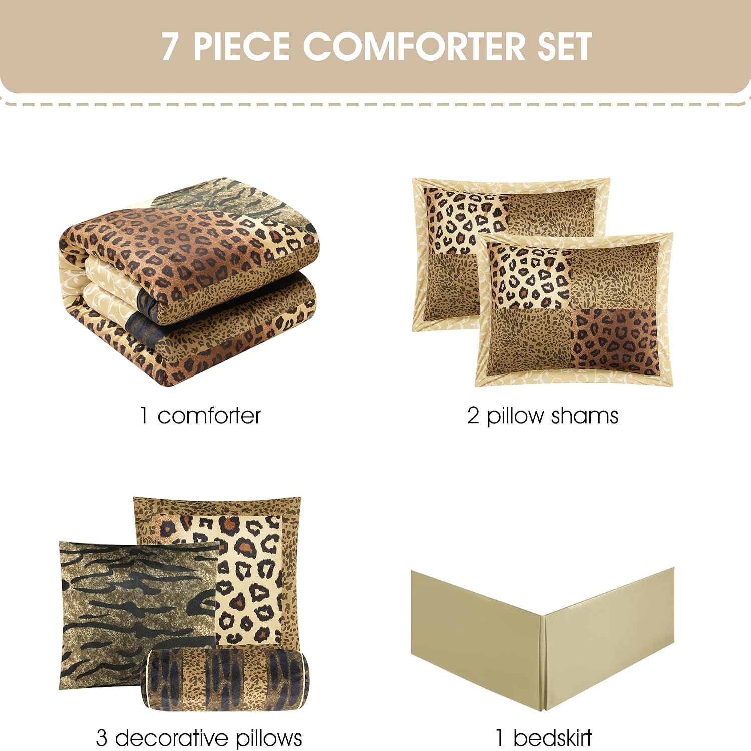 Grand Avenue Leopard Print 7 Pieces Queen Comforter Set, Bed in a Bag, Brown Matching Pillows & Shams, Bed Skirt, Premium Quality, Ultra-Soft
