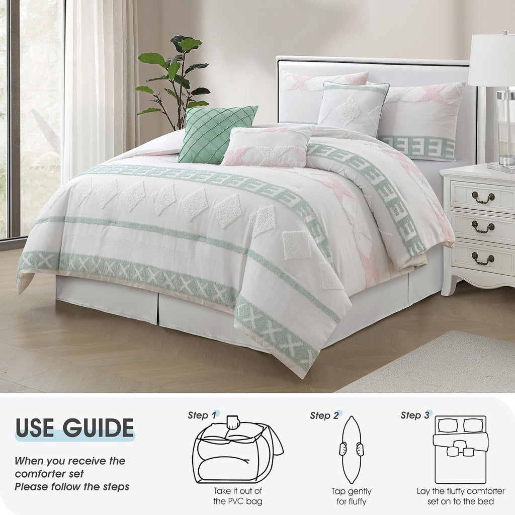 LANCO MODERN LIFESTYLE 7 Piece White Green Comforter Set, Queen, Boho Home Decor, Geometric Clip Pattern Bedding Set for All Seasons, Bed in a Bag, Bedskirt, Shams and Decorative Pillows