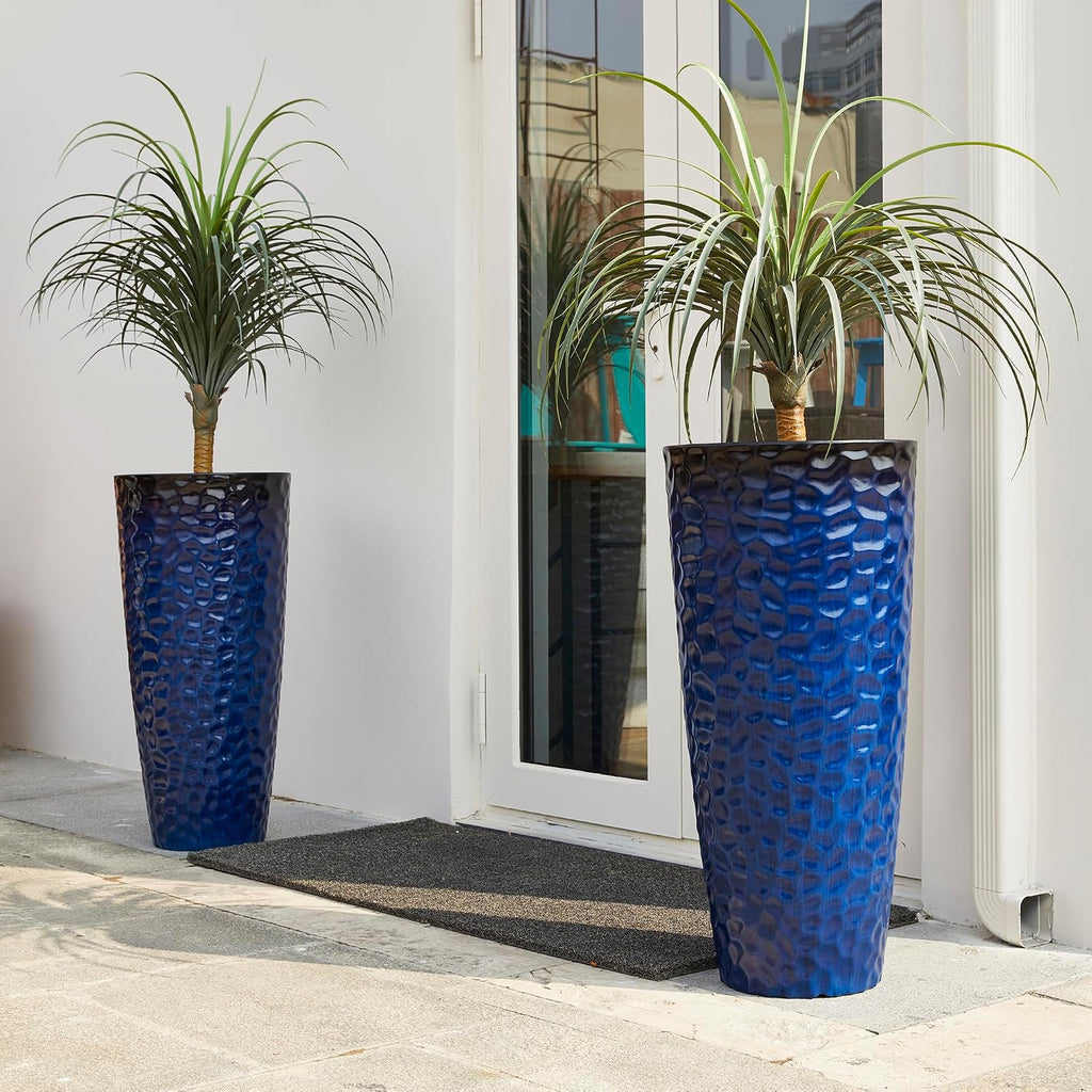 Glitzhome 31' H Oversized Tall Planter, Set of 2 Honeycomb Textured Gradient Cobalt Blue Round Garden Plant Pots with Drainage Holes, Large Flower Containers for Indoor Outdoor Front Door Patio