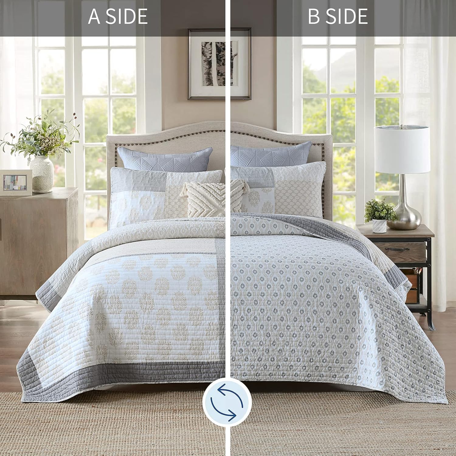 Y-PLWOMEN King Size Quilt, 100% Cotton Lightweight Soft King Quilt, Cream Grey White Quilted Bedspread, Patchwork Reversible Quilt Bedding Set All Season, 3-Pieces1