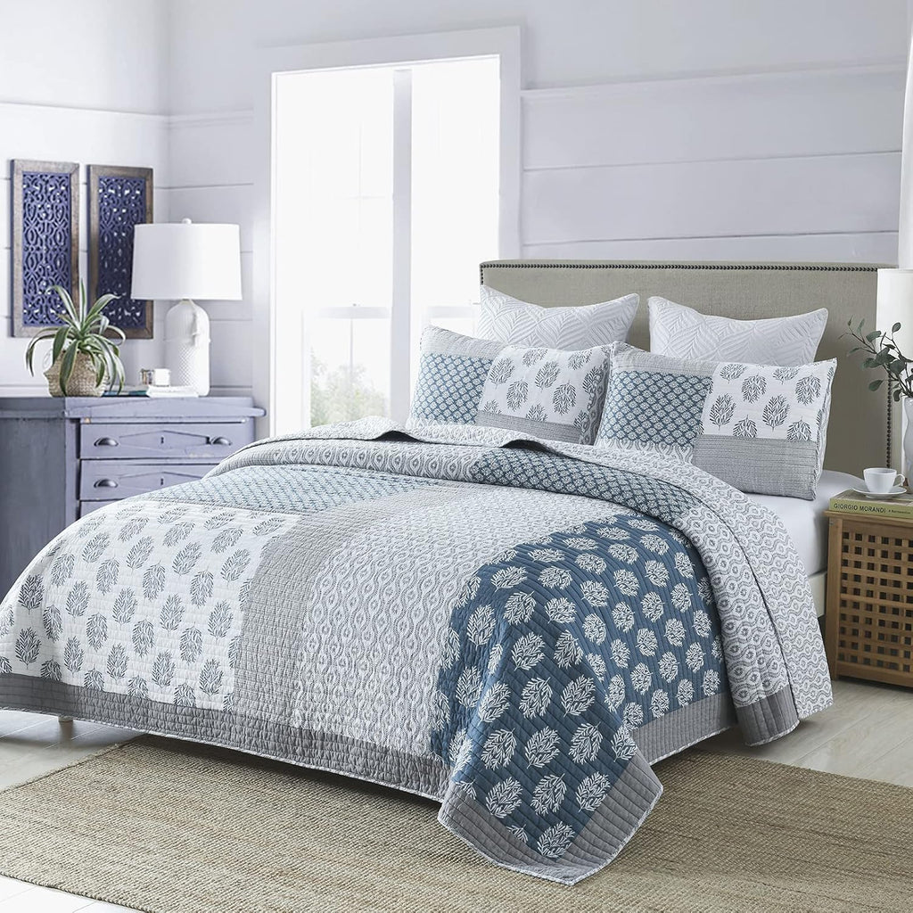 Y-PLWOMEN Quilts Queen Size, 100% Cotton Lightweight Soft Queen Quilt, Blue Grey White Quilted Bedspread, Patchwork Reversible Quilt Bedding Set All Season, 3-Pieces1