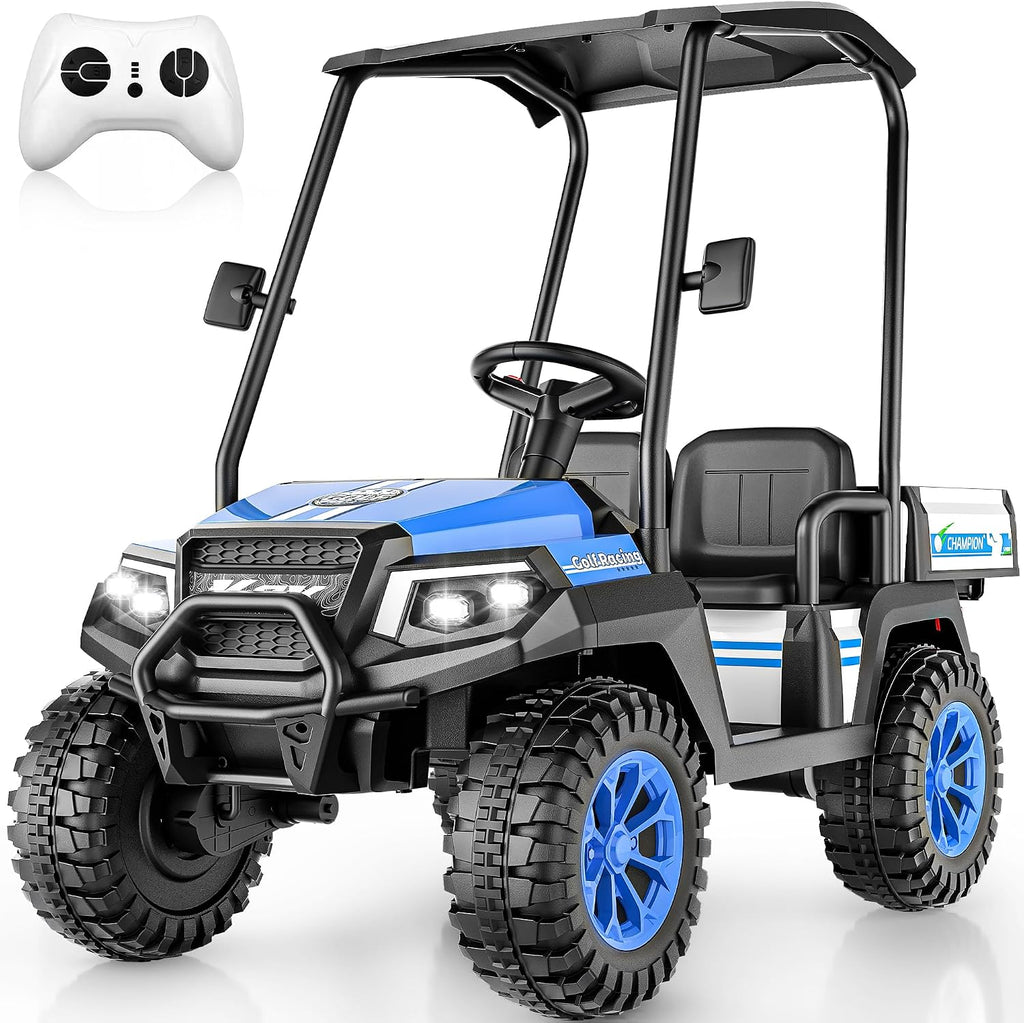 24V Kids Golf Cart w/Detachable Awning–4WD 2 Seater Ride on Car w/Large Storage Trunk, Remote Control, 3 Speeds, Music Player, LED Lights, Ride On Toys, Gift for Kids Ages 3-8((Blue)