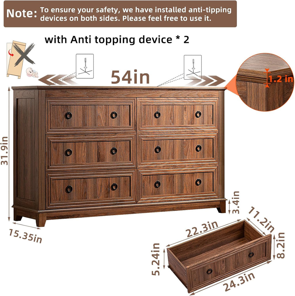Joaxswe Farmhouse Furniture Set, Nightstands with Charging Station and 6 Drawers Dresser for Bedroom, 54 Inch Wide Wood Dresser and 18' Night Stands for Bedroom, Living Room, Hallway