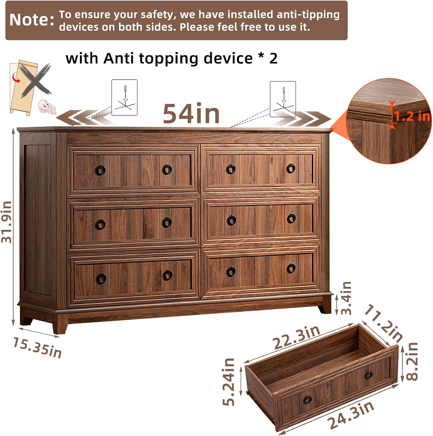 Joaxswe Farmhouse Furniture Set, Nightstands with Charging Station and 6 Drawers Dresser for Bedroom, 54 Inch Wide Wood Dresser and 18' Night Stands for Bedroom, Living Room, Hallway