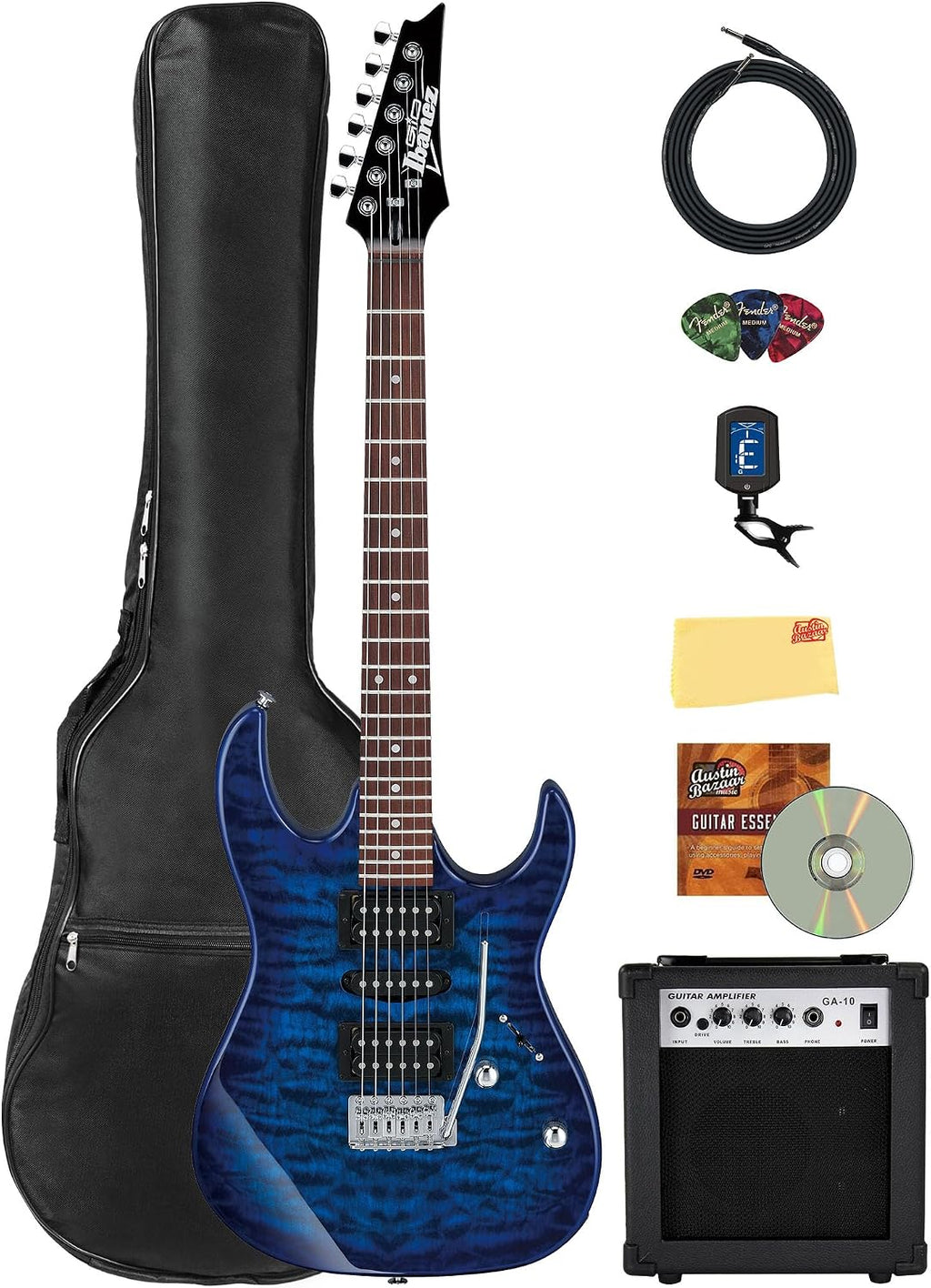 Ibanez GRX70QA RG Gio Electric Guitar - Transparent Blue Burst Bundle with Amplifier, Gig Bag, Tuner, Instrument Cable, Picks, Austin Bazaar Instructional DVD, and Polishing Cloth