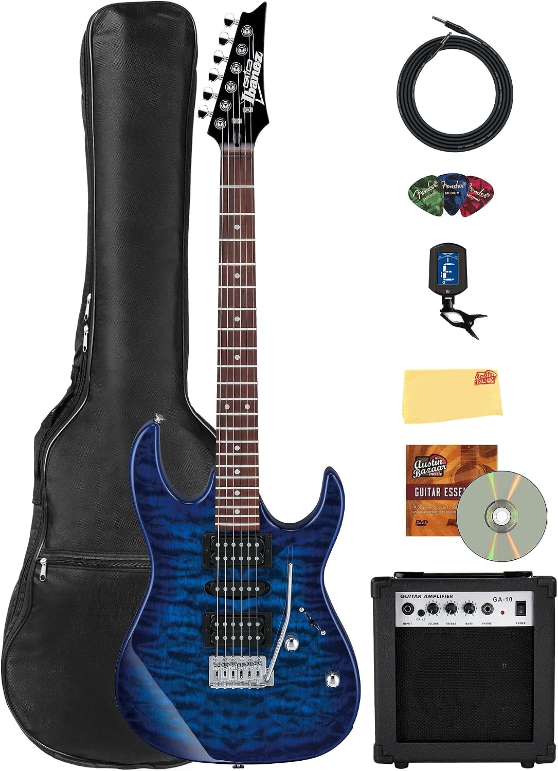 Ibanez GRX70QA RG Gio Electric Guitar - Transparent Blue Burst Bundle with Amplifier, Gig Bag, Tuner, Instrument Cable, Picks, Austin Bazaar Instructional DVD, and Polishing Cloth
