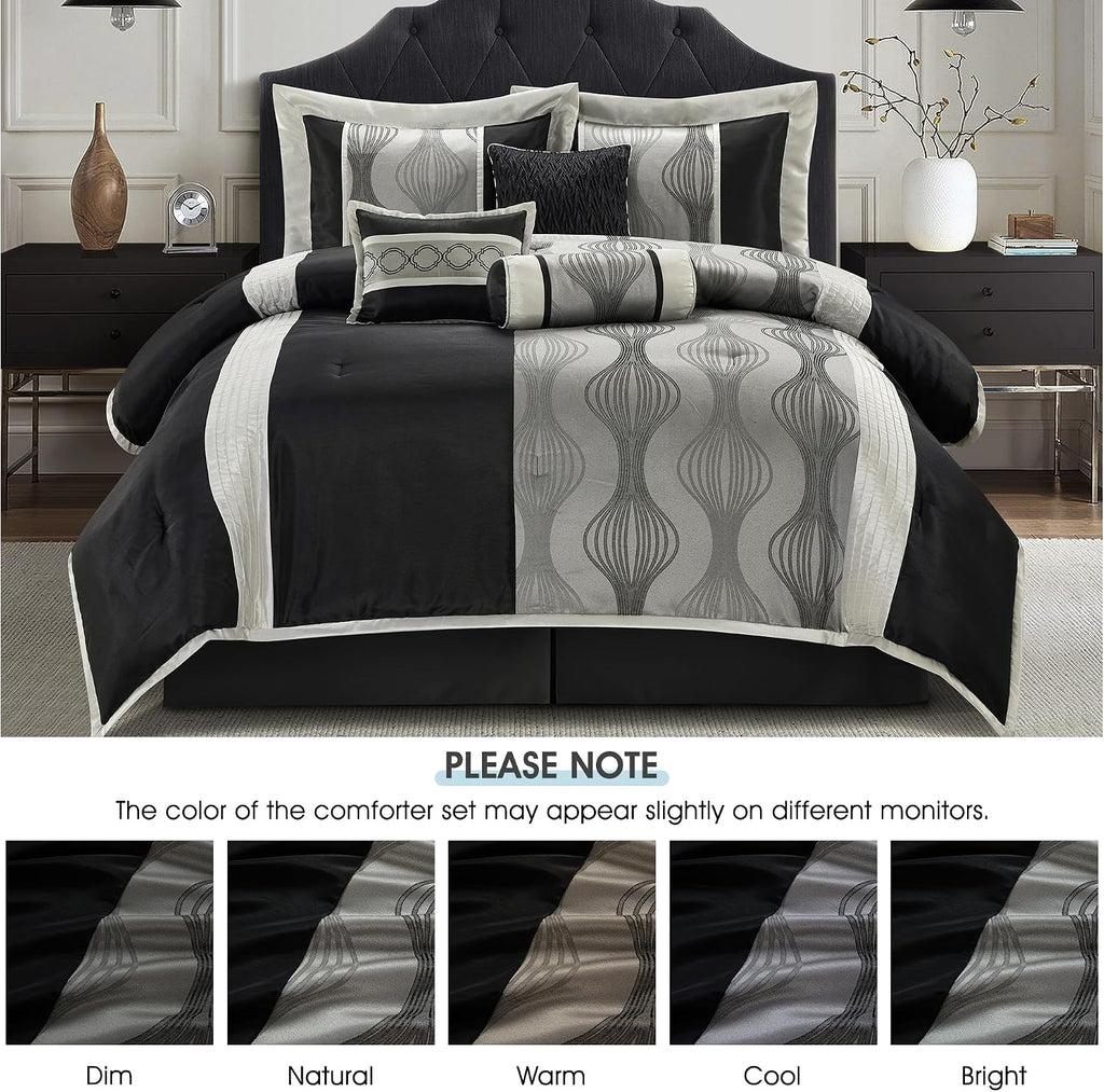 LANCO MODERN LIFESTYLE California King Comforter Set, Black Silver, 7 Pieces in a Bag, Jacquard with Solid Piecework, Luxury Bed Set with Comforters, Bed Skirt, Pillow Shams and Decorative Pillows