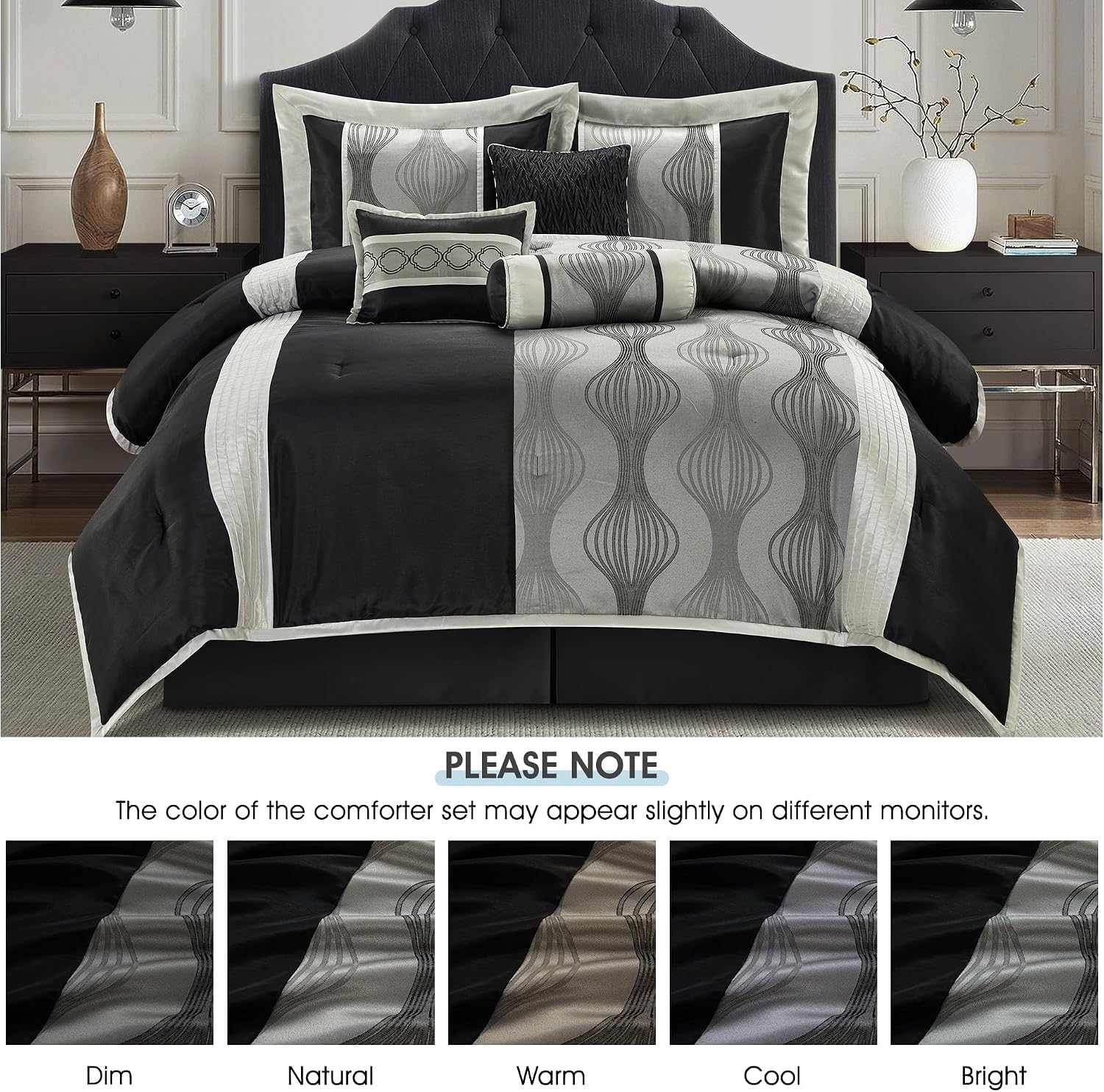 LANCO MODERN LIFESTYLE California King Comforter Set, Black Silver, 7 Pieces in a Bag, Jacquard with Solid Piecework, Luxury Bed Set with Comforters, Bed Skirt, Pillow Shams and Decorative Pillows