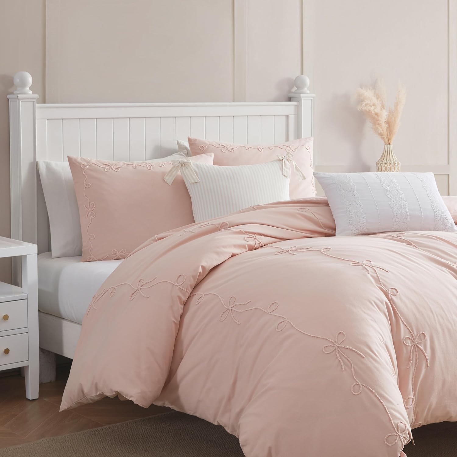 Peri Home Bows Bedding Cottage Core 100% Cotton 3-Piece Comforter and Sham Set, King, Blush Sasha Bows