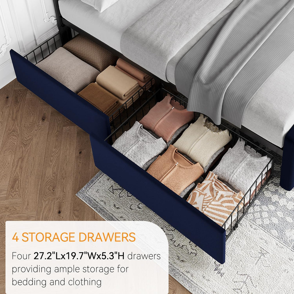 GAOMON Full Size Bed Frame with 4 Drawers and Adjustable Headboard, Velvet Upholstered Platform Bed with Button Tufted Design, No Box Spring Needed, Strong Wooden Slats, Blue