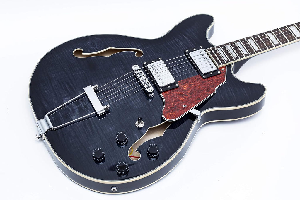 GROTE Jazz Electric Guitar Semi-Hollow Body Trapeze Tailpiece Bridge Guitar Gig Bag (Black)