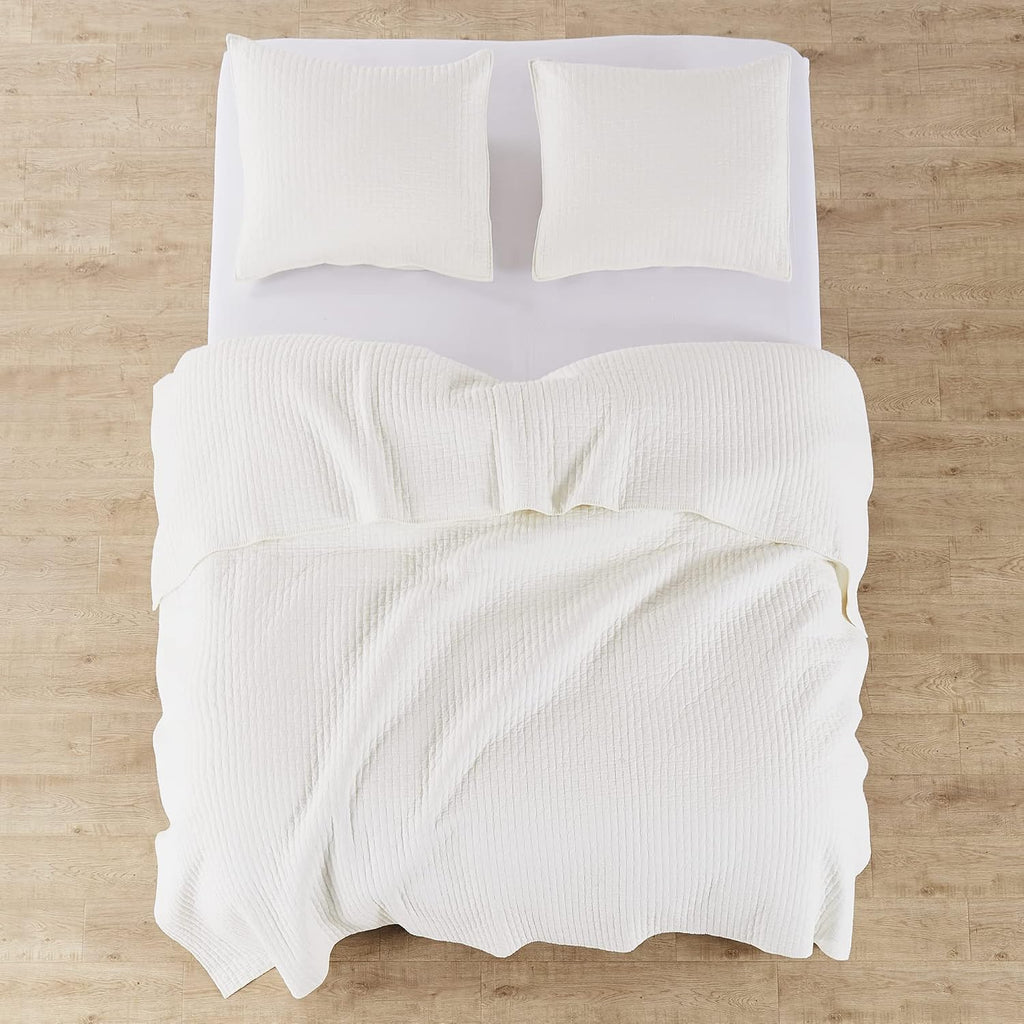 Levtex Home Cross Stitch Reversible King Bedspread Set (120x104in) with 2 Pillow Shams (36x20in) - Stitch Texture - Cream - Cotton King Size Bedspread Set - Soft, Pre-Washed